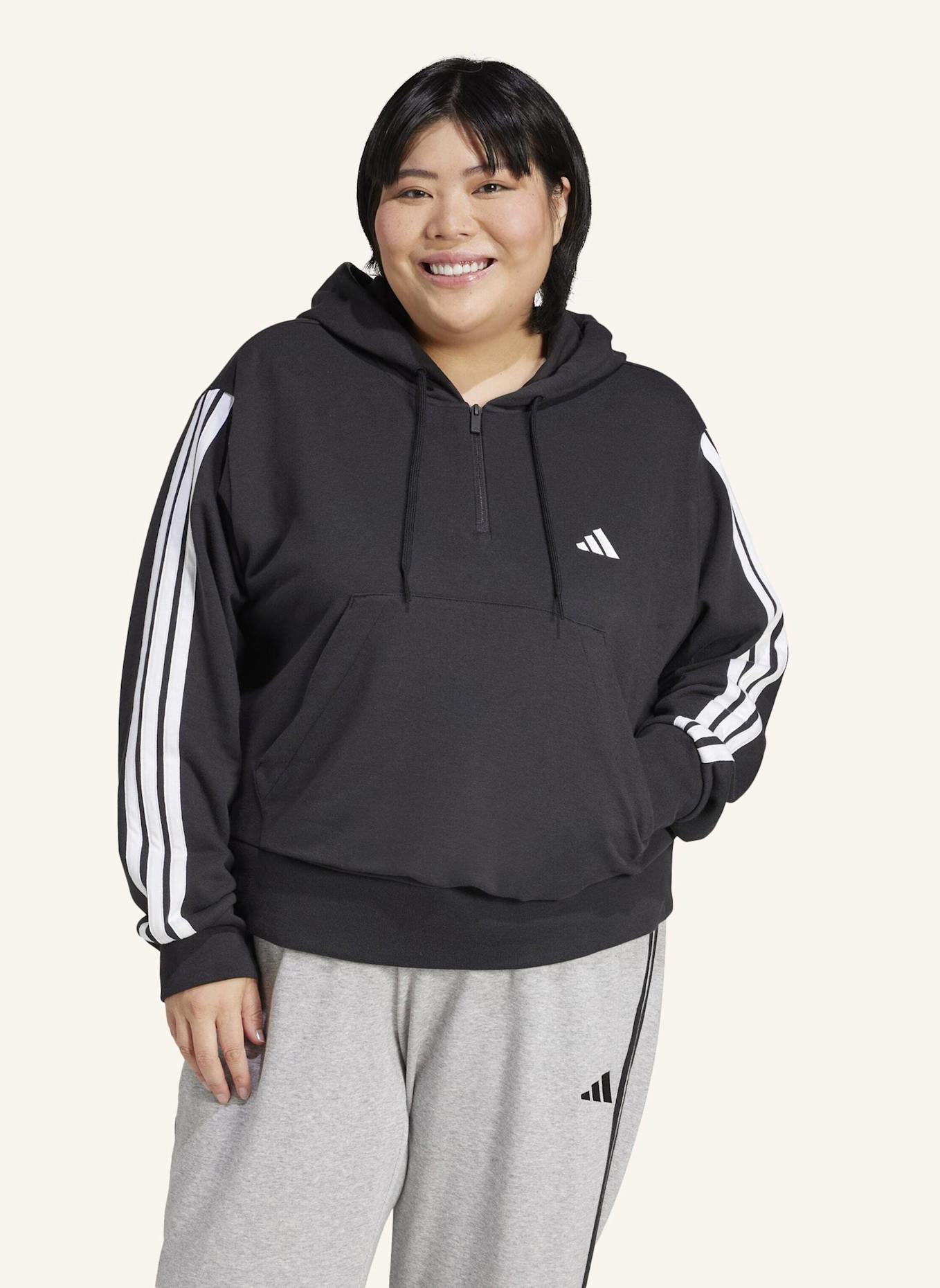 adidas ESSENTIALS 3-STREIFEN FRENCH TERRY QUARTER-ZIP HOODIE – GROSSE GRÖSSEN: SCHWARZ/ WEISS