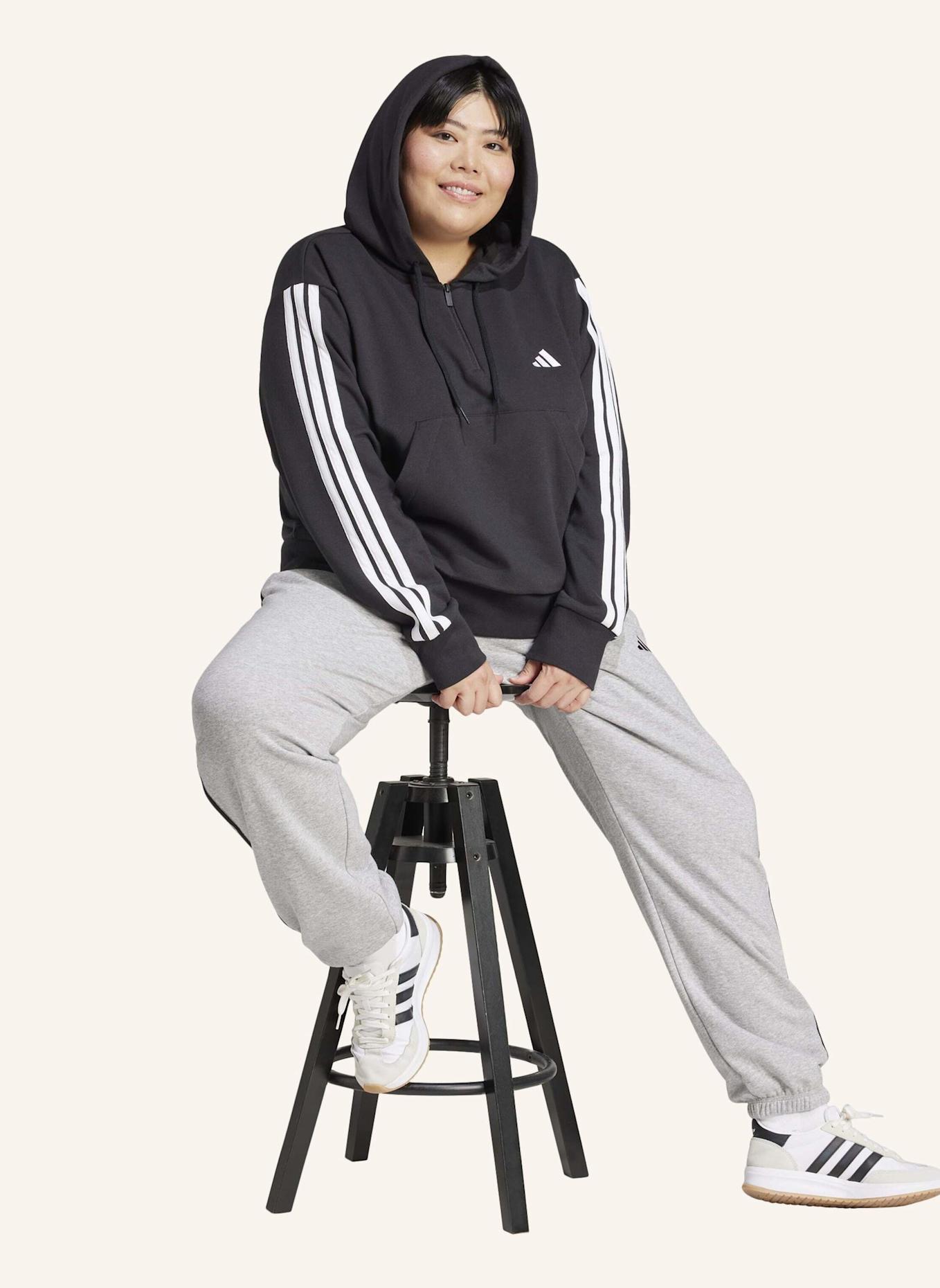 adidas ESSENTIALS 3-STREIFEN FRENCH TERRY QUARTER-ZIP HOODIE – GROSSE GRÖSSEN: SCHWARZ/ WEISS
