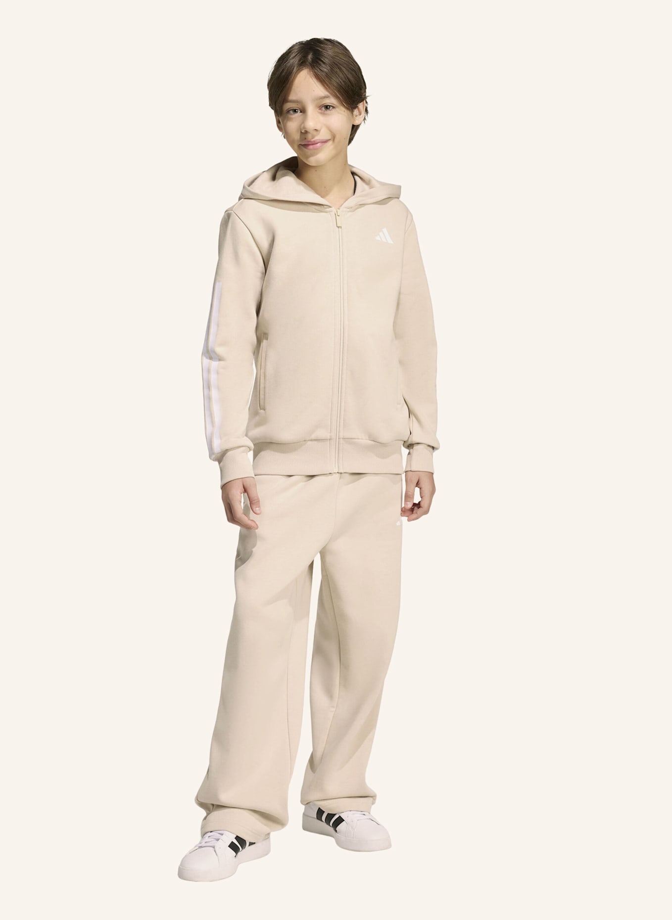 adidas FLEECE TRAININGSANZUG MIT KAPUZE KINDER: BEIGE/ WEISS