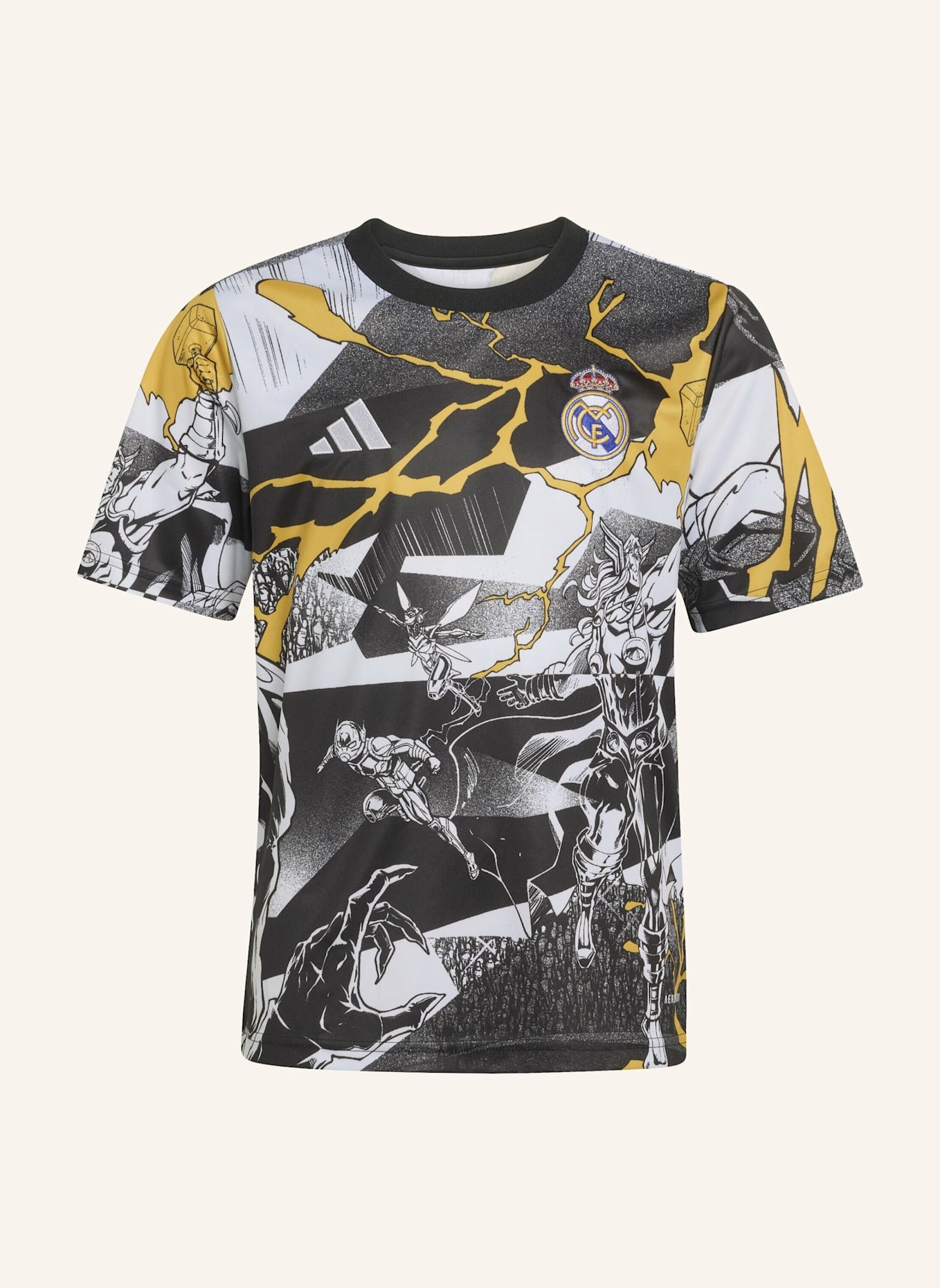 adidas ADIDAS REAL MADRID AVENGERS 25/26 PRE-MATCH SHIRT FÜR KINDER: WEISS/ SCHWARZ/ GOLD
