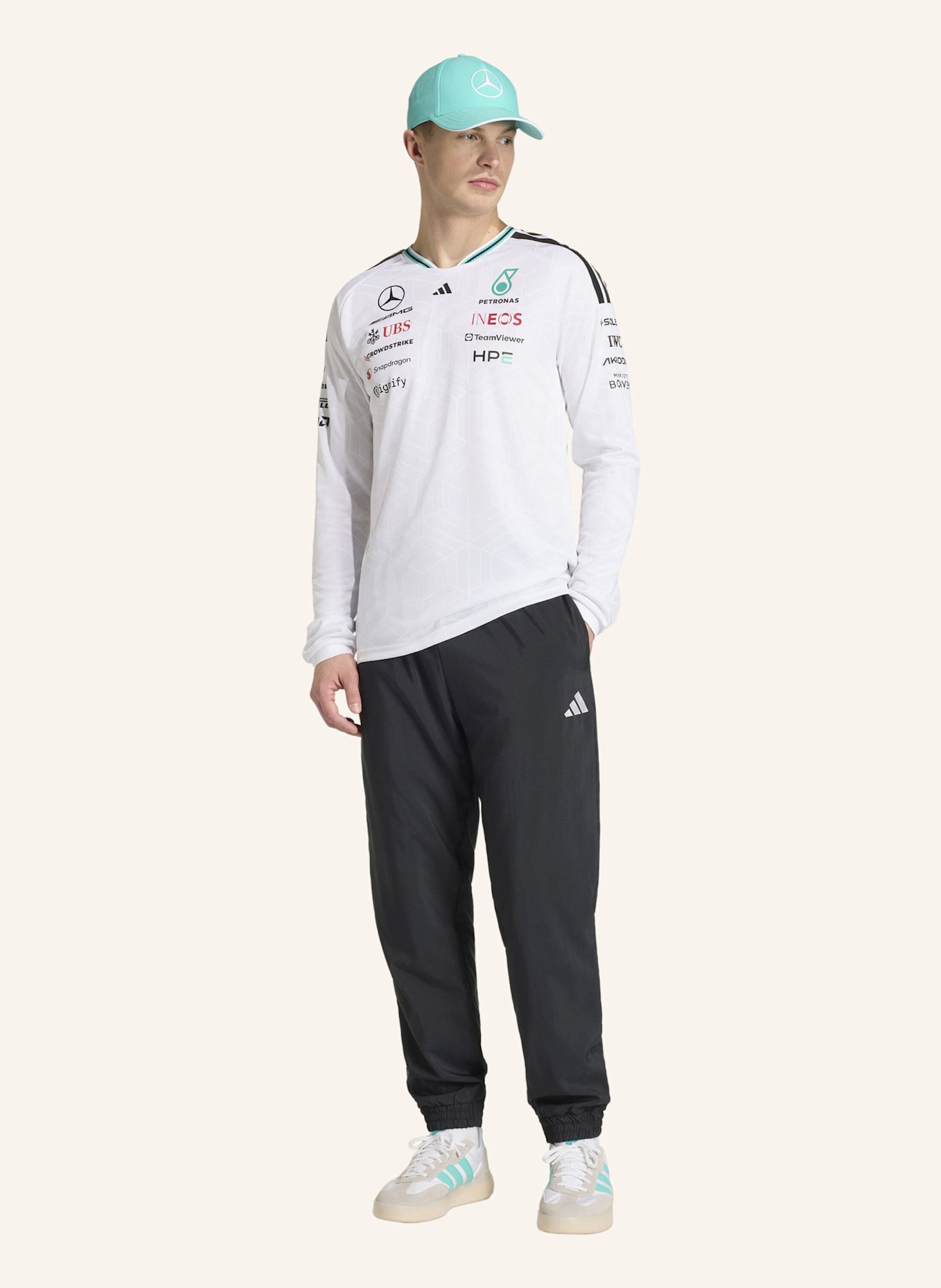 adidas MERCEDES - AMG PETRONAS FORMULA 1 TEAM AUTHENTIC LANGÄRMELIGES FAHRERTRIKOT: WEISS