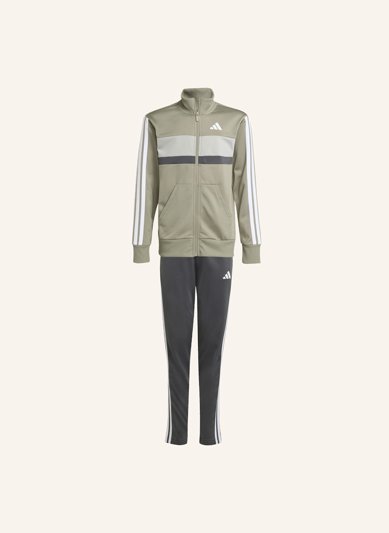 adidas SEASONAL ESSENTIALS TIBERIO 3-STREIFEN TRICOT KIDS TRAININGSANZUG: SILBER/ GRAU/ WEISS