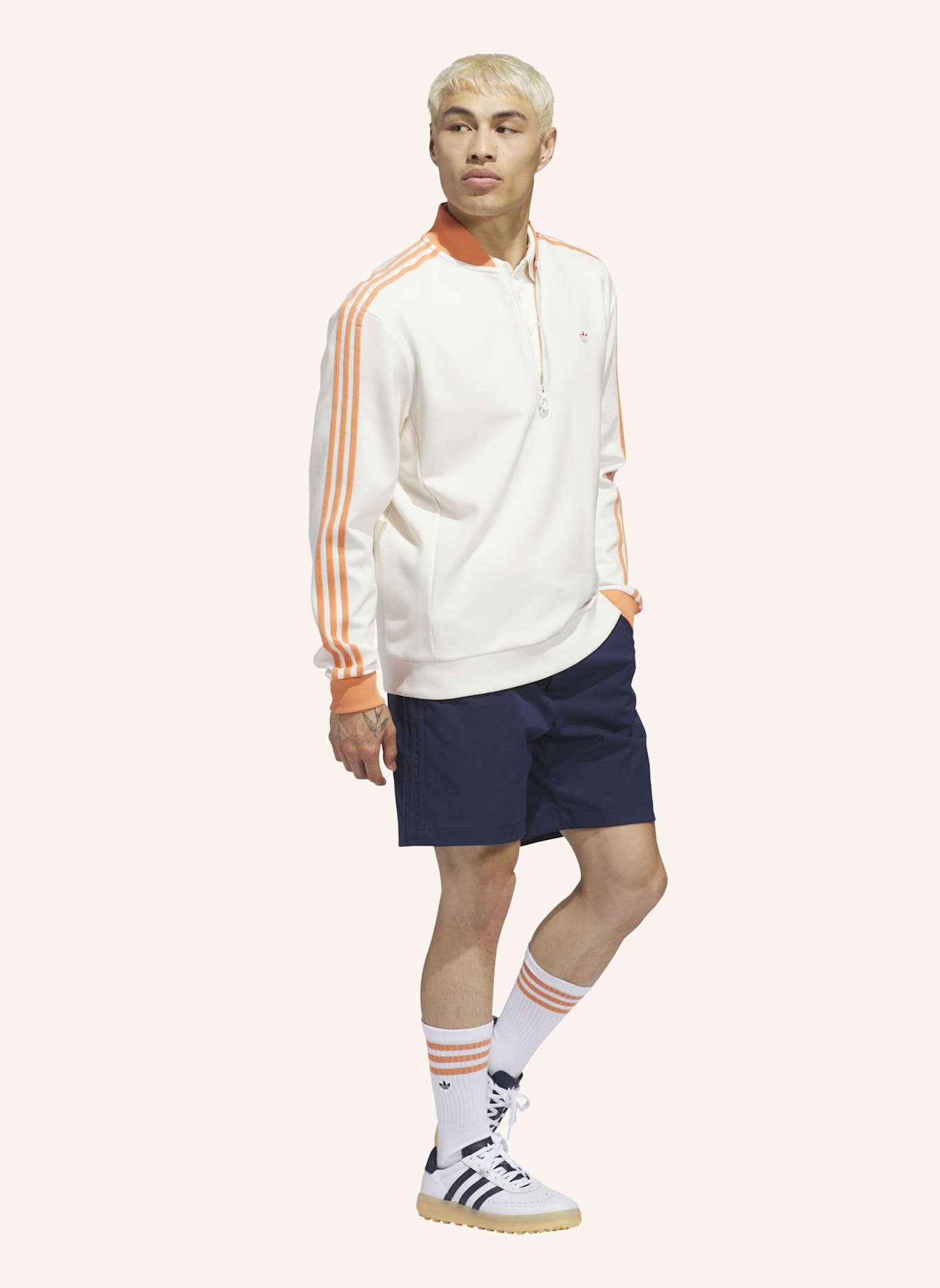 adidas ORIGINALS 3-STREIFEN 1/4 ZIP SWEATSHIRT: WEISS/ ORANGE
