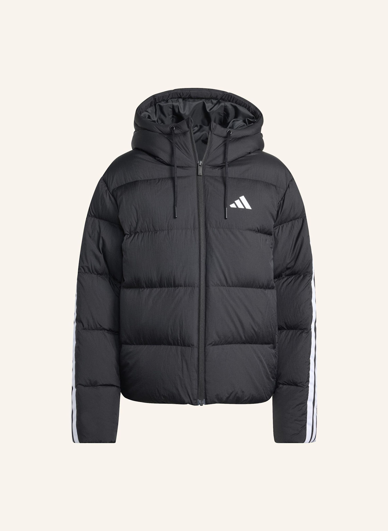 adidas ESSENTIALS CLIMAWARM 3-STREIFEN PUFFER DAUNENJACKE MIT KAPUZE: SCHWARZ