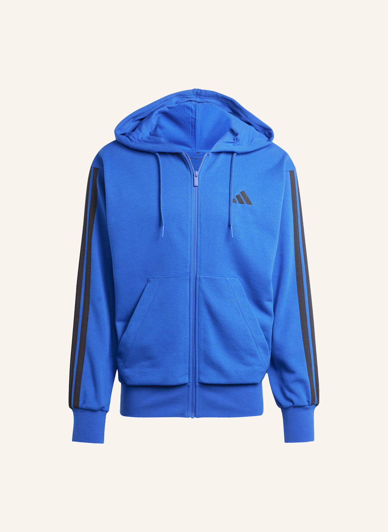 adidas ESSENTIALS 3-STREIFEN FRENCH TERRY KAPUZENJACKE: SCHWARZ
