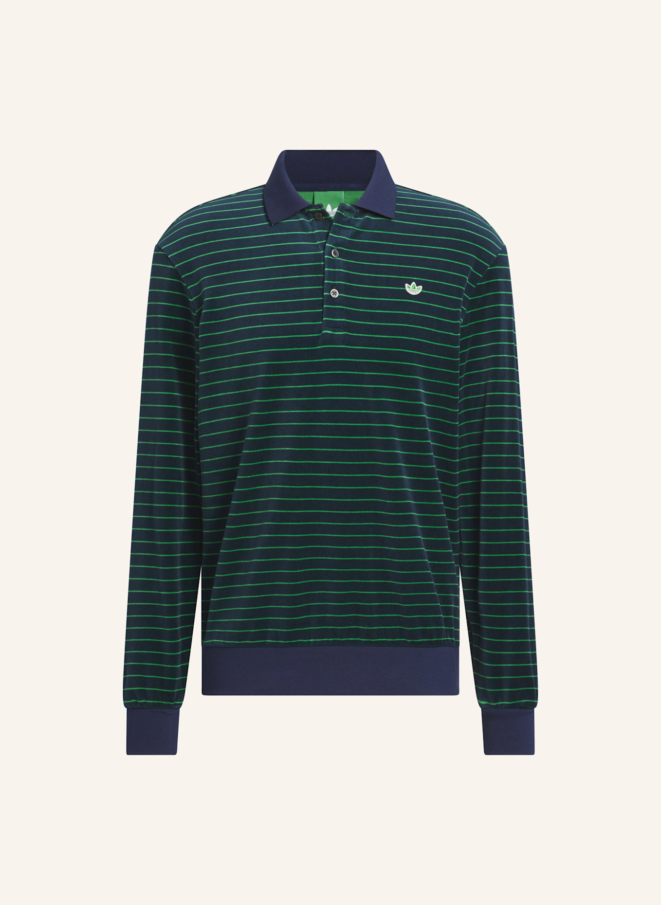 adidas ORIGINALS VELOURS LANGÄRMELIGES POLOSHIRT: BLAU/ GRÜN
