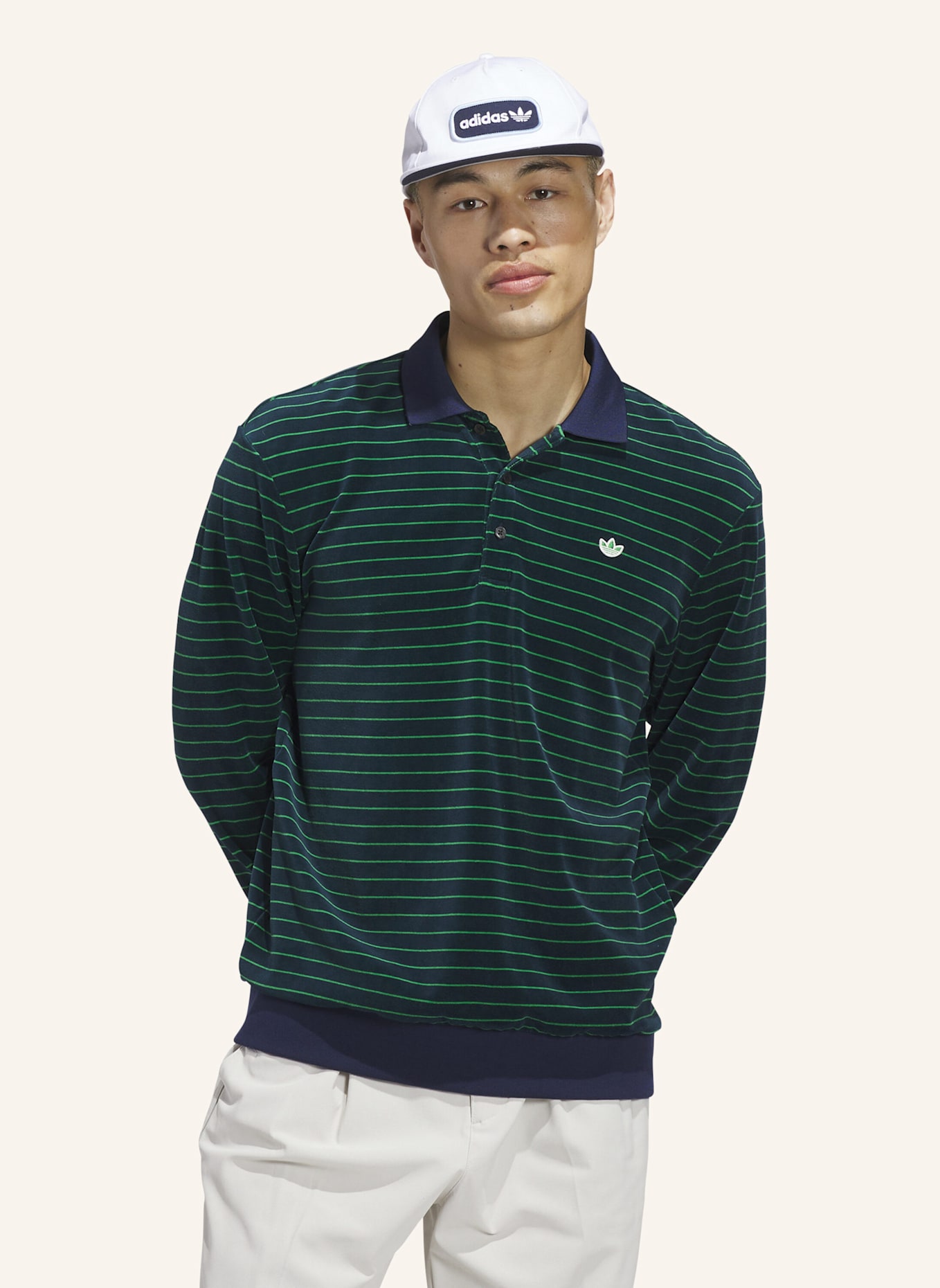 adidas ORIGINALS VELOURS LANGÄRMELIGES POLOSHIRT: BLAU/ GRÜN