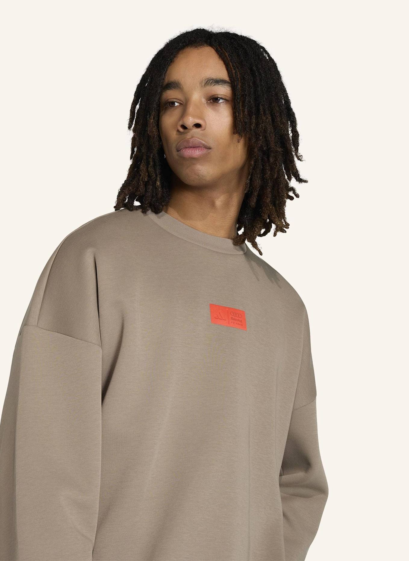 adidas AUDI REVOLUT F1 TEAM ELEVATED CREW SWEAT SWEATSHIRT: BRAUN/ ROT