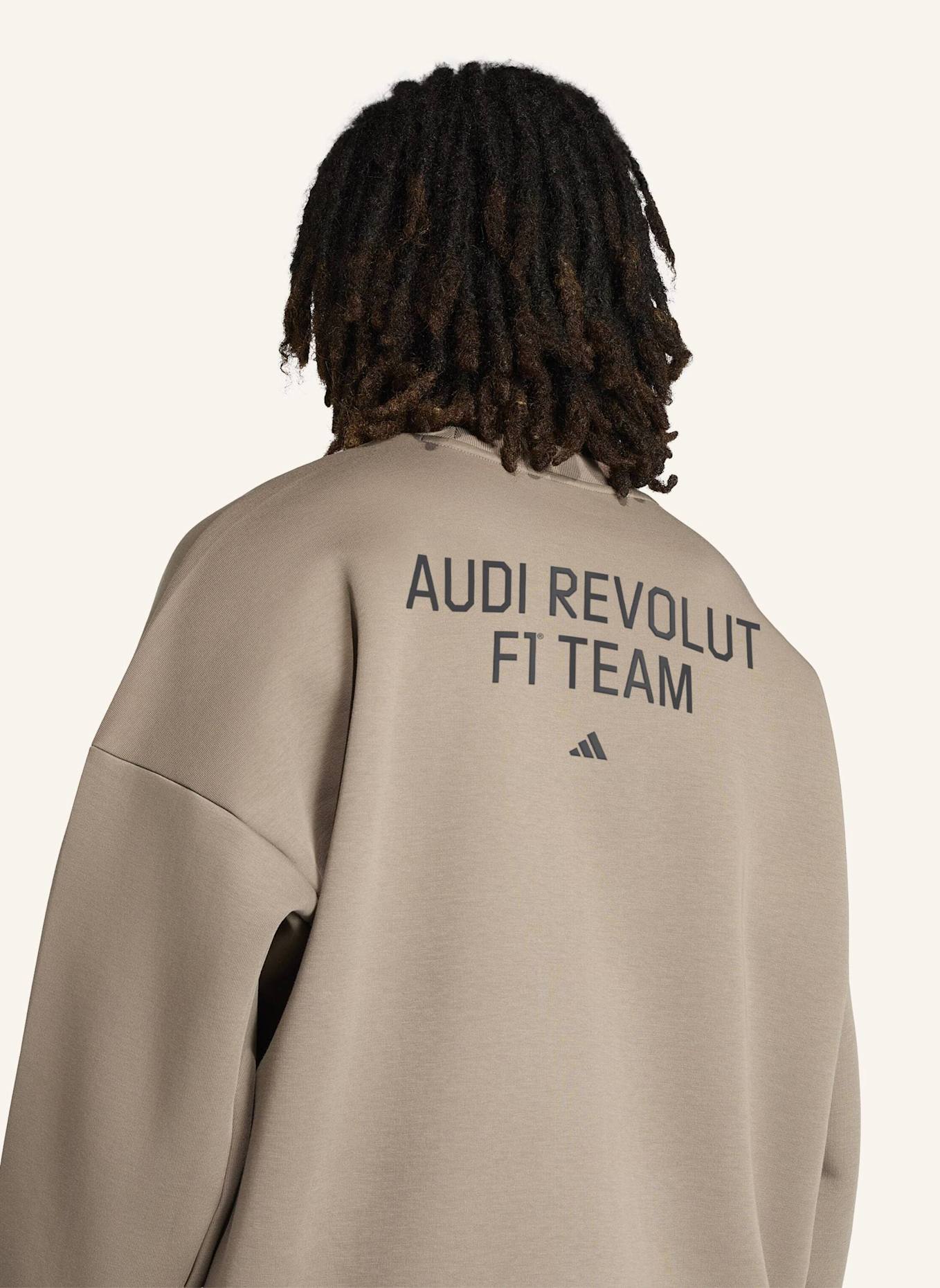 adidas AUDI REVOLUT F1 TEAM ELEVATED CREW SWEAT SWEATSHIRT: BRAUN/ ROT