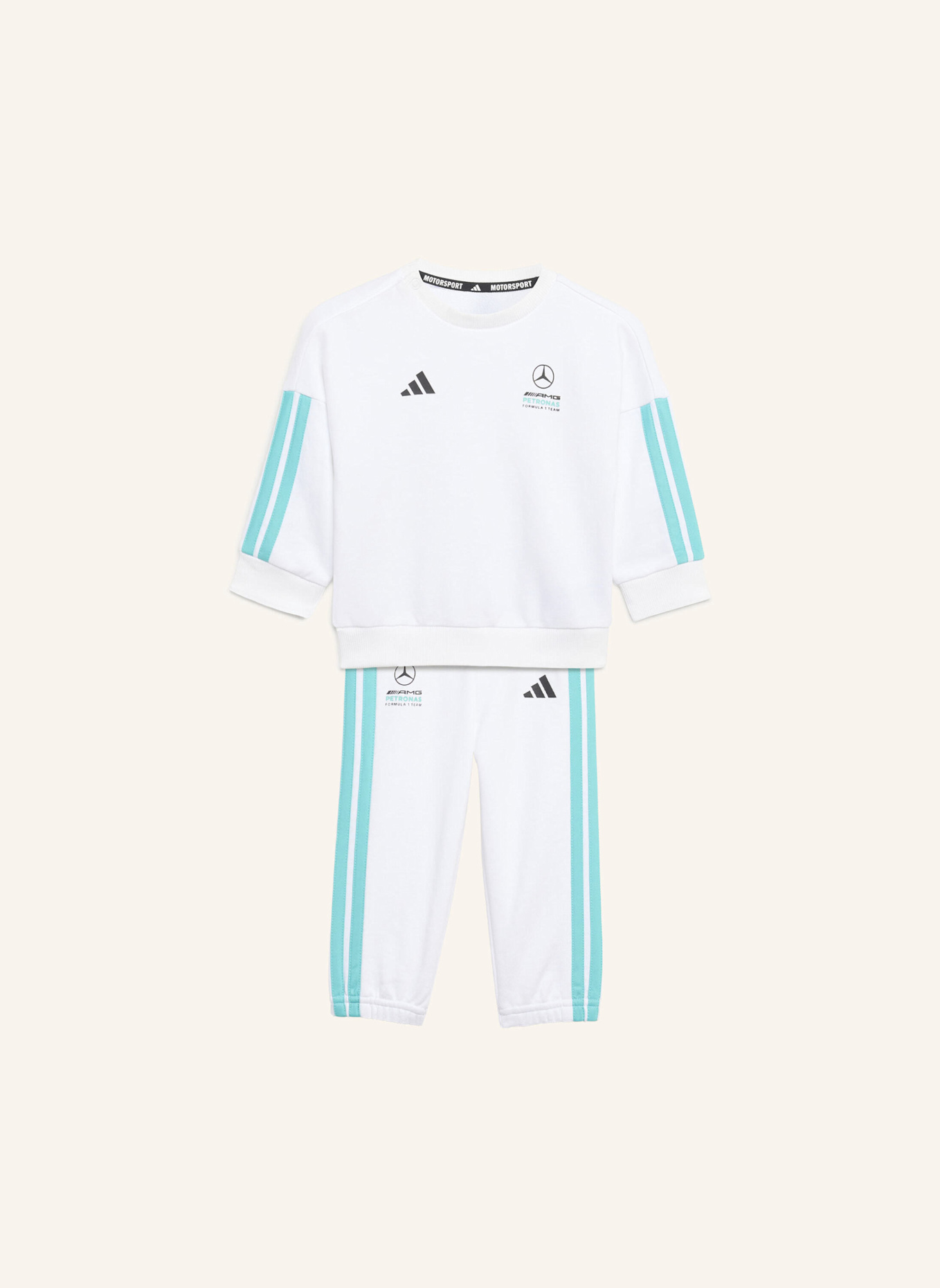 adidas MERCEDES-AMG PETRONAS FORMULA 1 TEAM DNA KIDS JOGGINGANZUG, LANGÄRMLIG: WEISS/ GRÜN