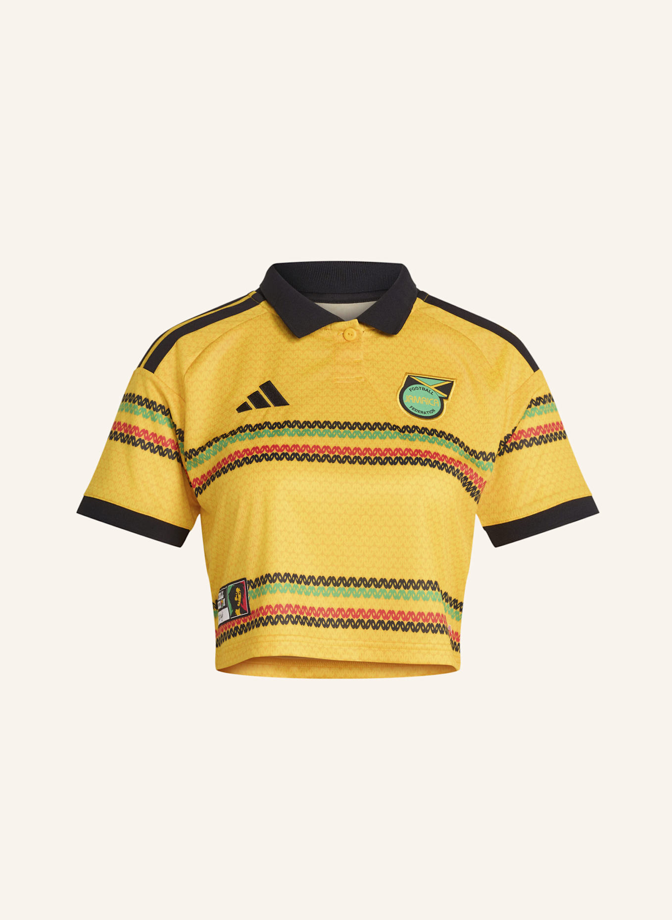 adidas JAMAIKA 26 X BOB MARLEY HEIMTRIKOT, KÜRZER GESCHNITTEN: GOLD