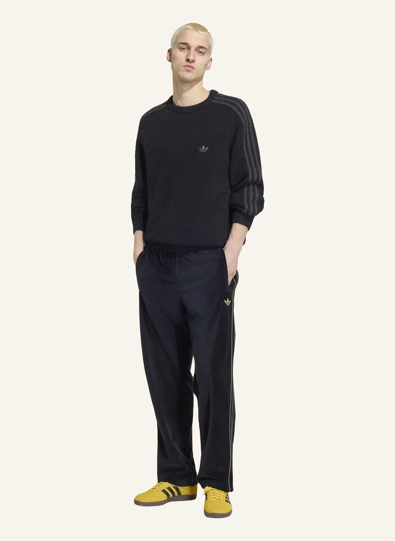adidas Originals 3 STREIFEN SWEATSHIRT, FLUFFIGER STRICK, RUNDHALSAUSSCHNITT: SCHWARZ