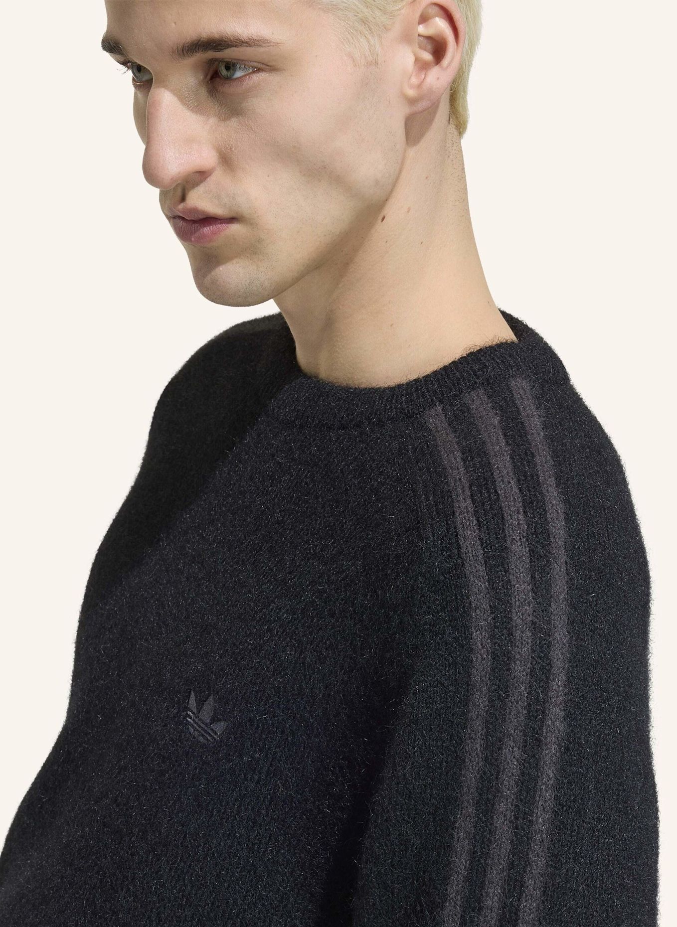 adidas Originals 3 STREIFEN SWEATSHIRT, FLUFFIGER STRICK, RUNDHALSAUSSCHNITT: SCHWARZ