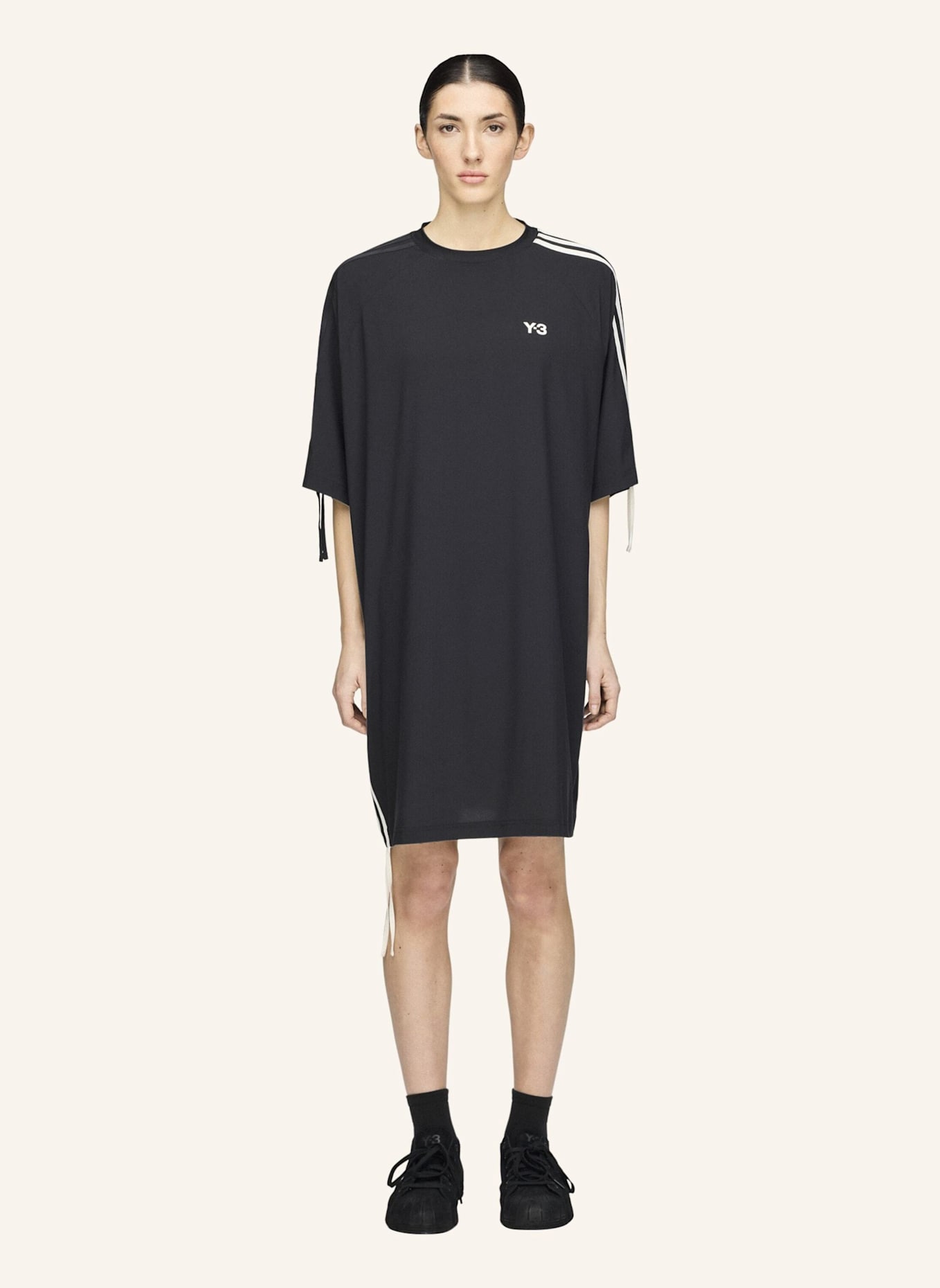 Y-3 Y-3 CINCH 3-STREIFEN OVERSIZED T-SHIRT-KLEID: SCHWARZ
