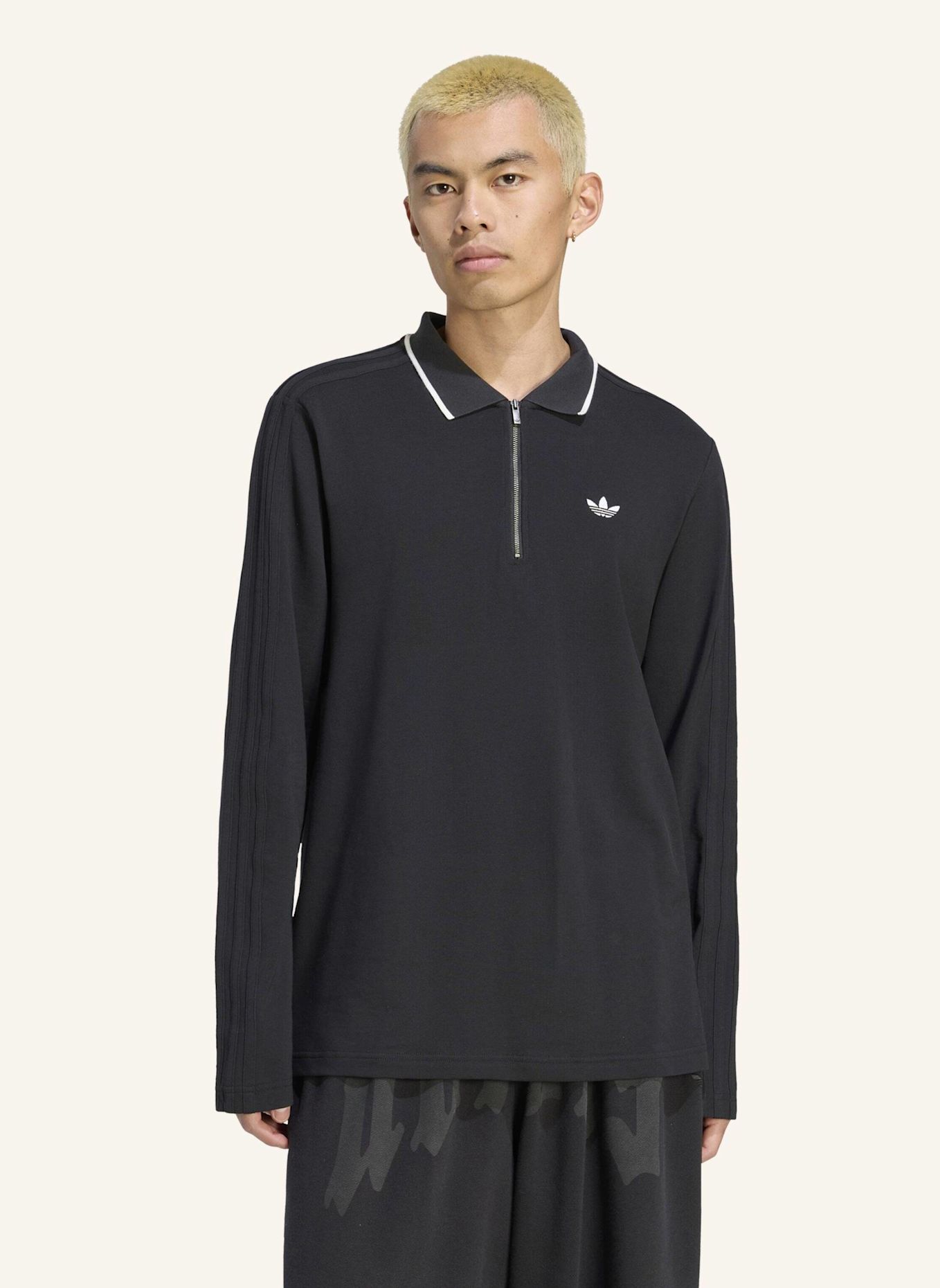 adidas Originals 3-STREIFEN POLOSHIRT, LANGÄRMELIG, GERIPPT: SCHWARZ