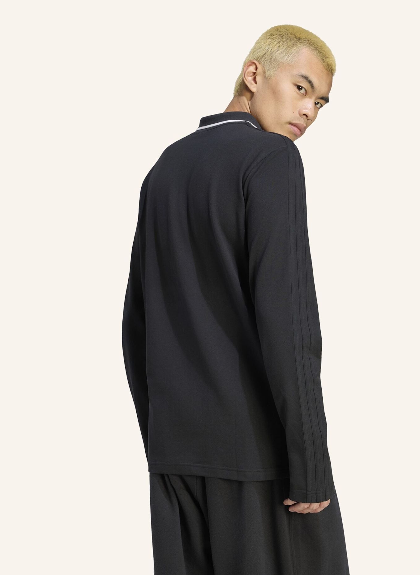 adidas Originals 3-STREIFEN POLOSHIRT, LANGÄRMELIG, GERIPPT: SCHWARZ