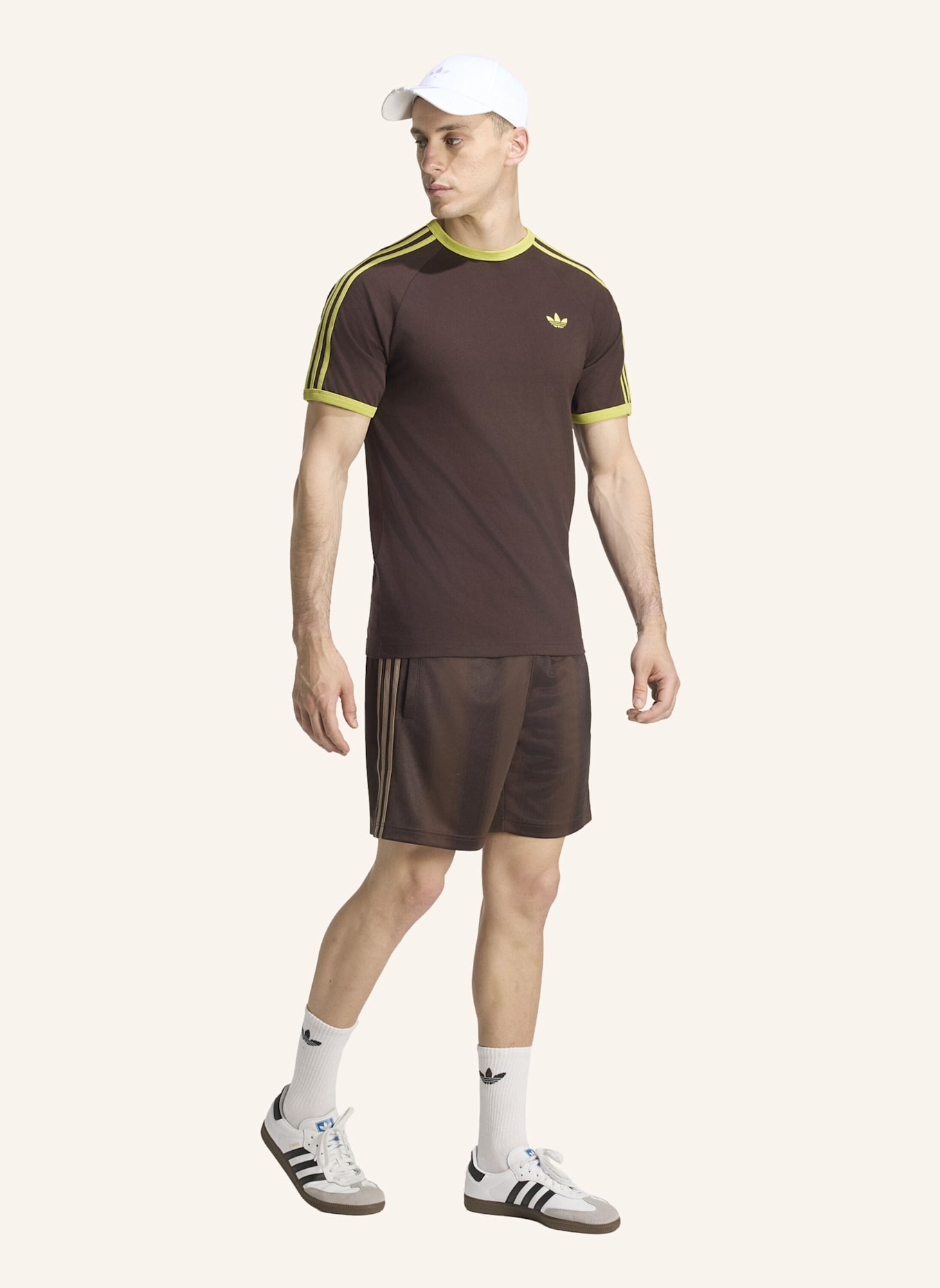 adidas Originals T-SHIRT, 3-STREIFEN: BRAUN/ NEONGRÜN