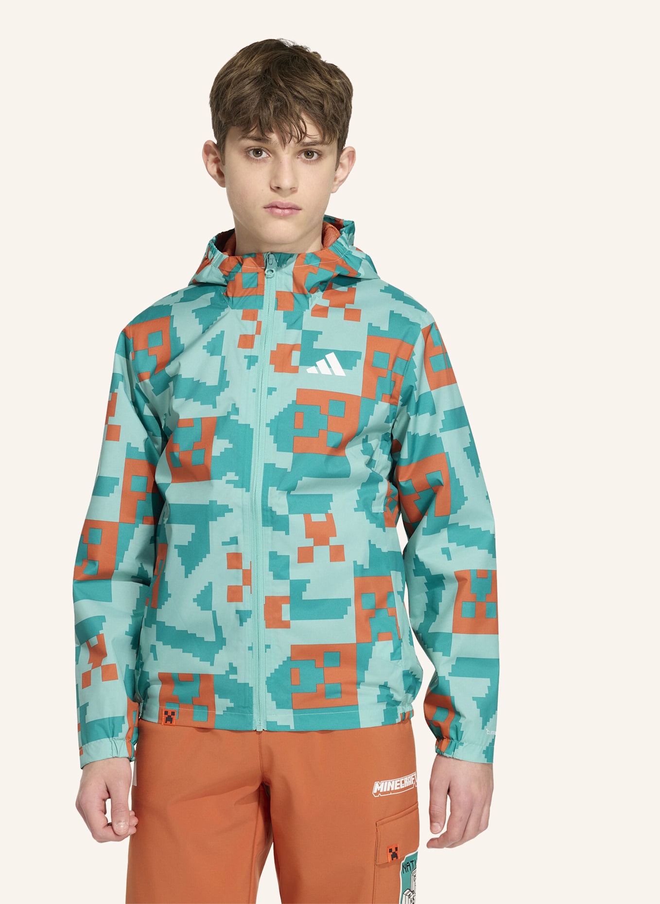 adidas TERREX ADIDAS MINECRAFT TERREX 2 LAYER CLIMAPROOF REGENJACKE: GRÜN/ ORANGE