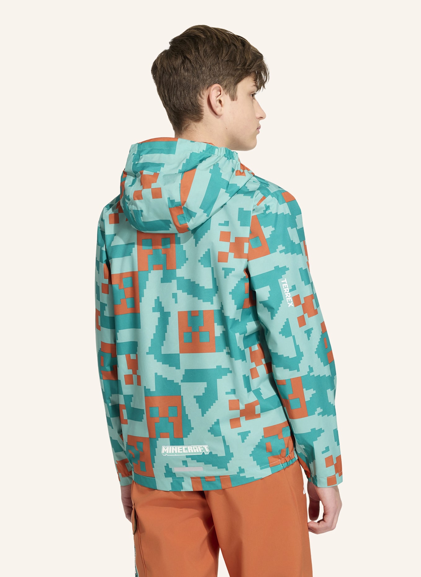 adidas TERREX ADIDAS MINECRAFT TERREX 2 LAYER CLIMAPROOF REGENJACKE: GRÜN/ ORANGE