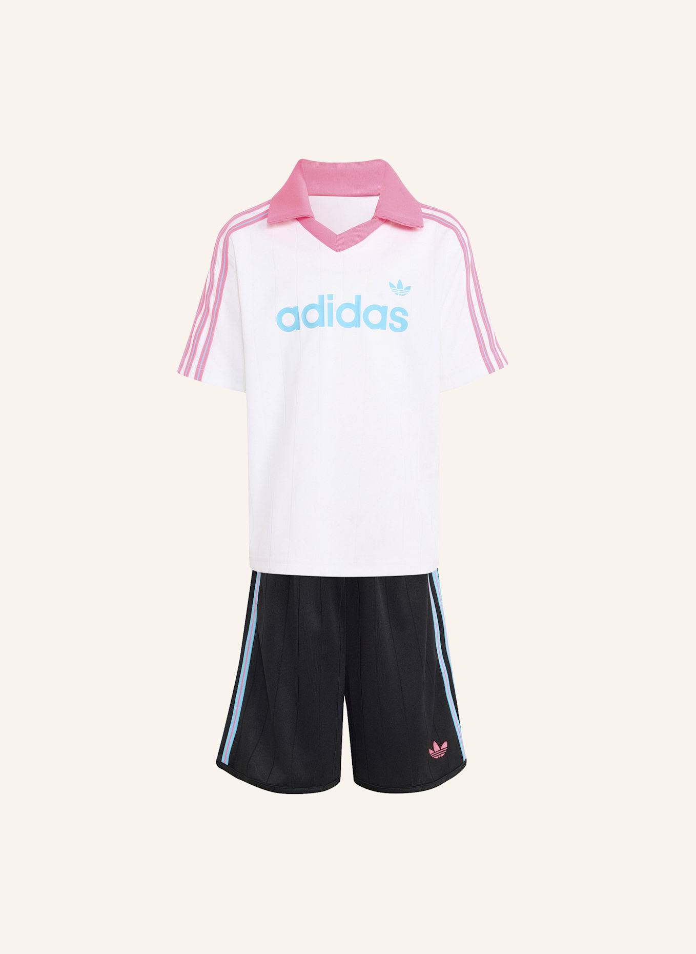 adidas Originals POLOSHIRT UND SHORTS SET, LOCKER GESCHNITTEN, NADELSTREIFEN: WEISS/ SCHWARZ