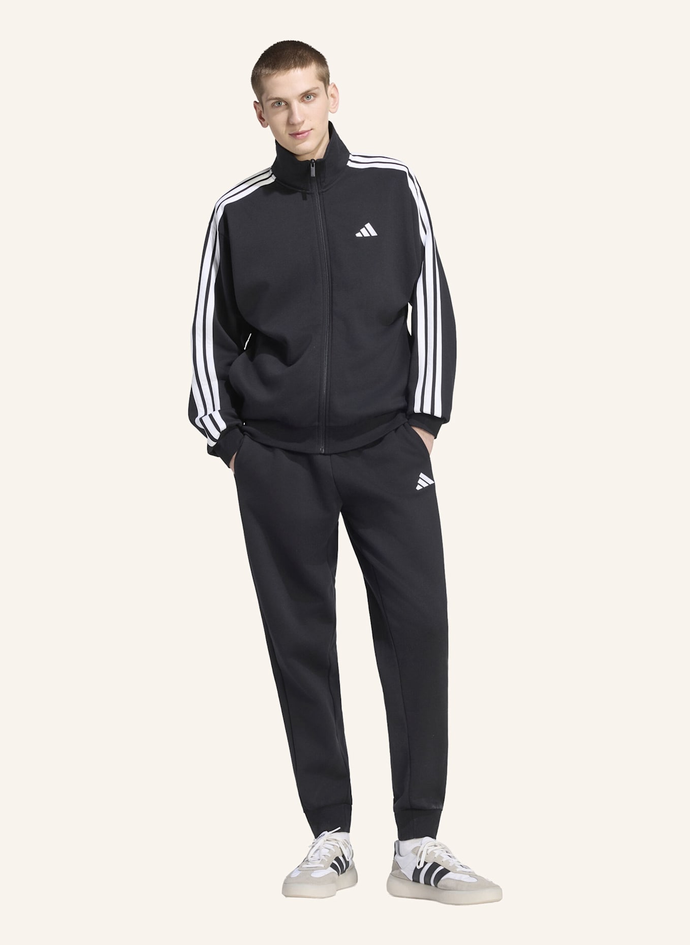 adidas 3-STREIFEN FLEECE TRAININGSANZUG: SCHWARZ/ WEISS