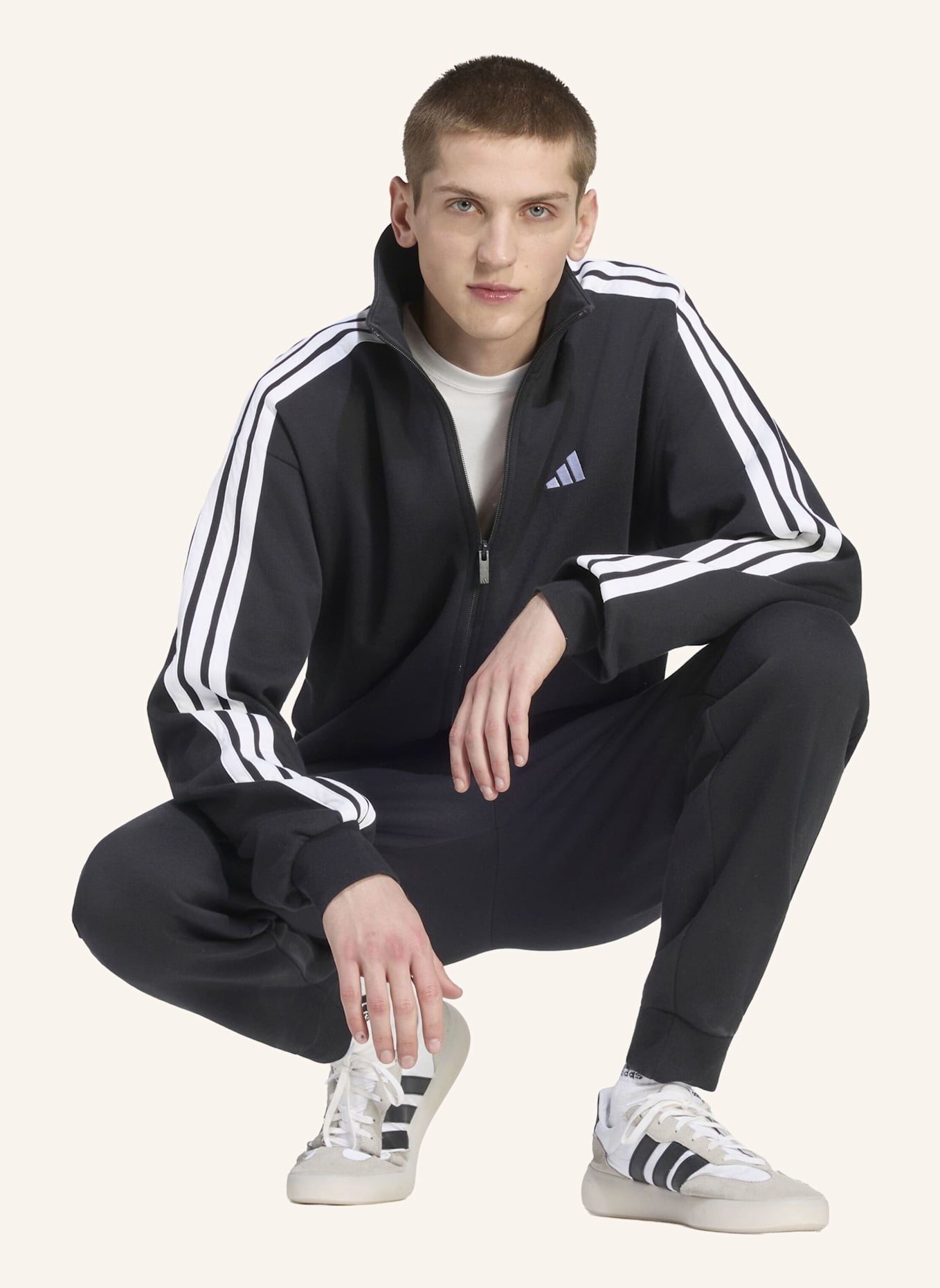 adidas 3-STREIFEN FLEECE TRAININGSANZUG: SCHWARZ/ WEISS