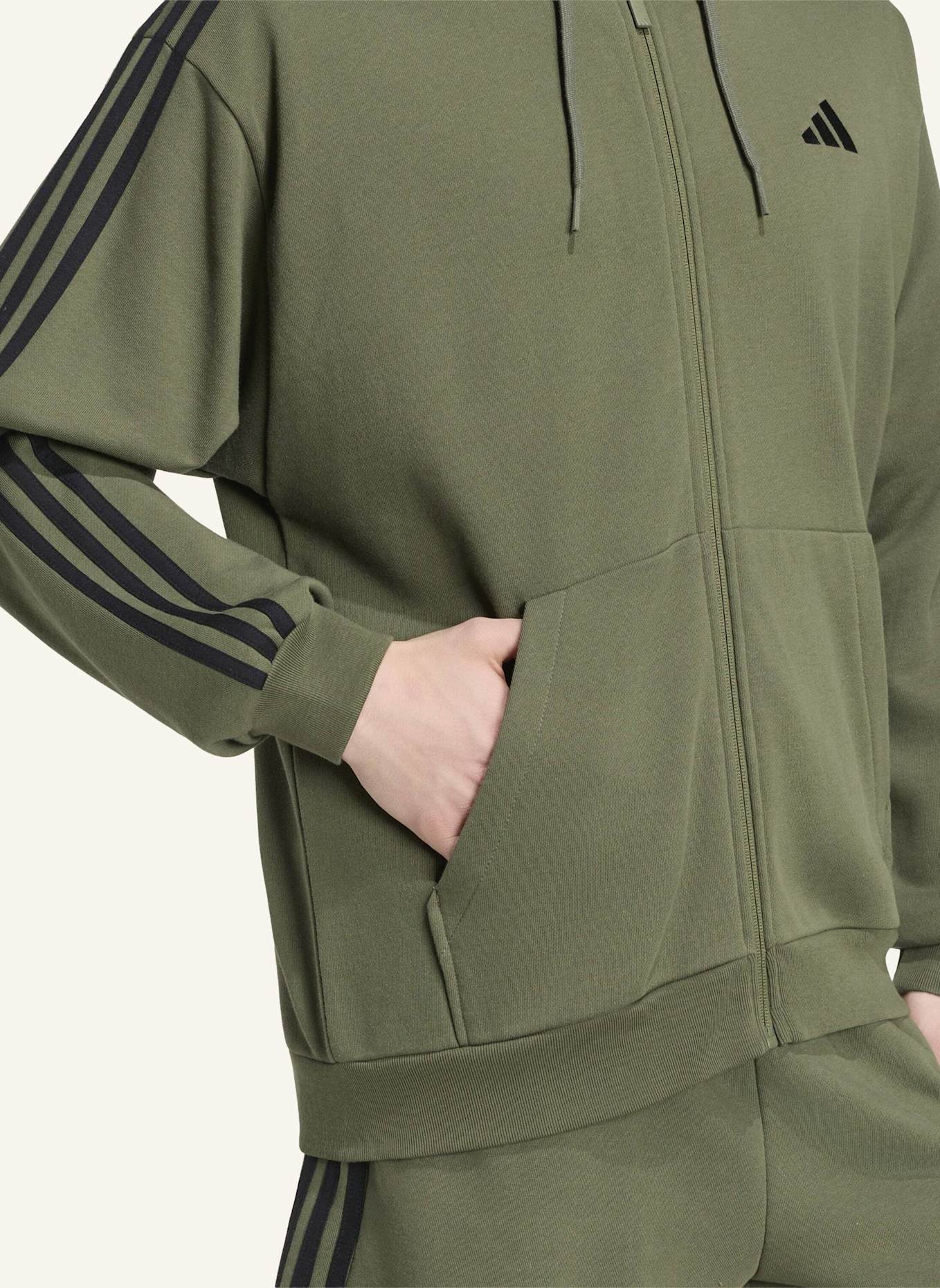 adidas ESSENTIALS 3-STREIFEN FRENCH TERRY KAPUZENJACKE: SCHWARZ