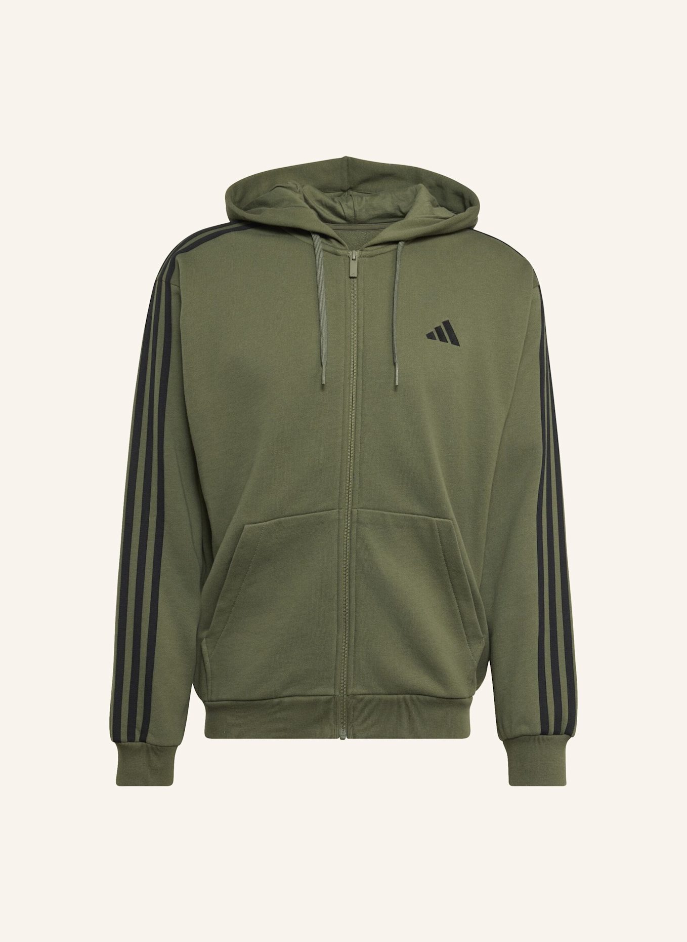 adidas ESSENTIALS 3-STREIFEN FRENCH TERRY KAPUZENJACKE: SCHWARZ