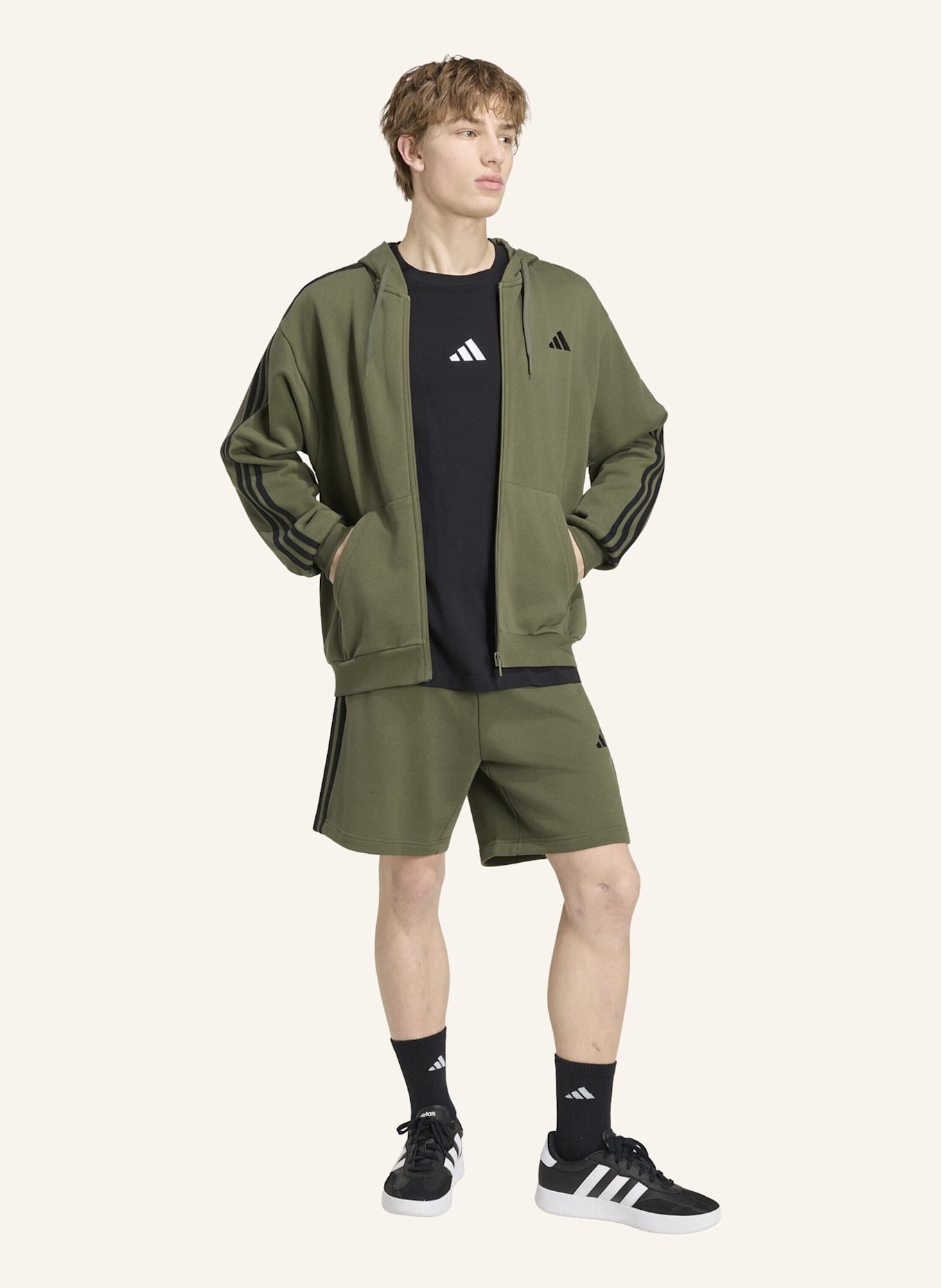adidas ESSENTIALS 3-STREIFEN FRENCH TERRY KAPUZENJACKE: SCHWARZ