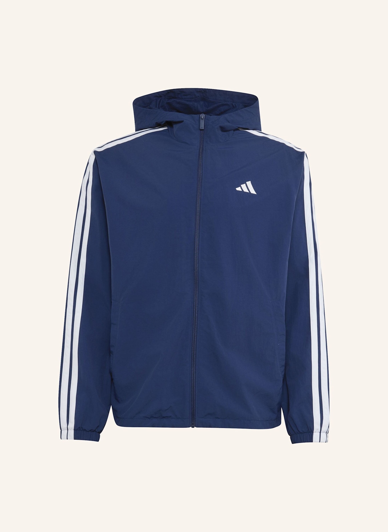 adidas ESSENTIALS 3-STREIFEN WOVEN WINDBREAKER: WEISS