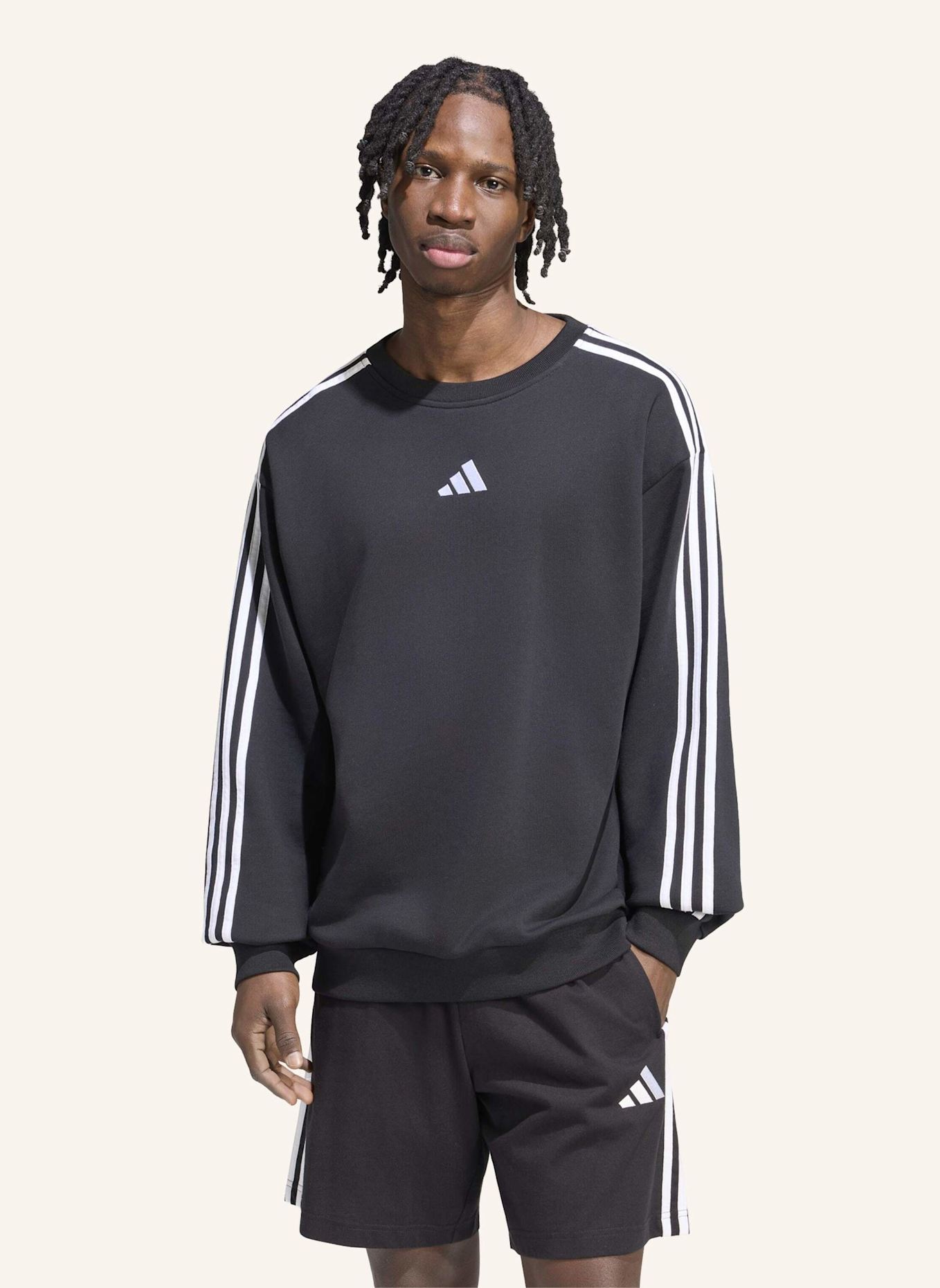 adidas ESSENTIALS 3-STREIFEN FRENCH TERRY SWEATSHIRT: SCHWARZ/ WEISS