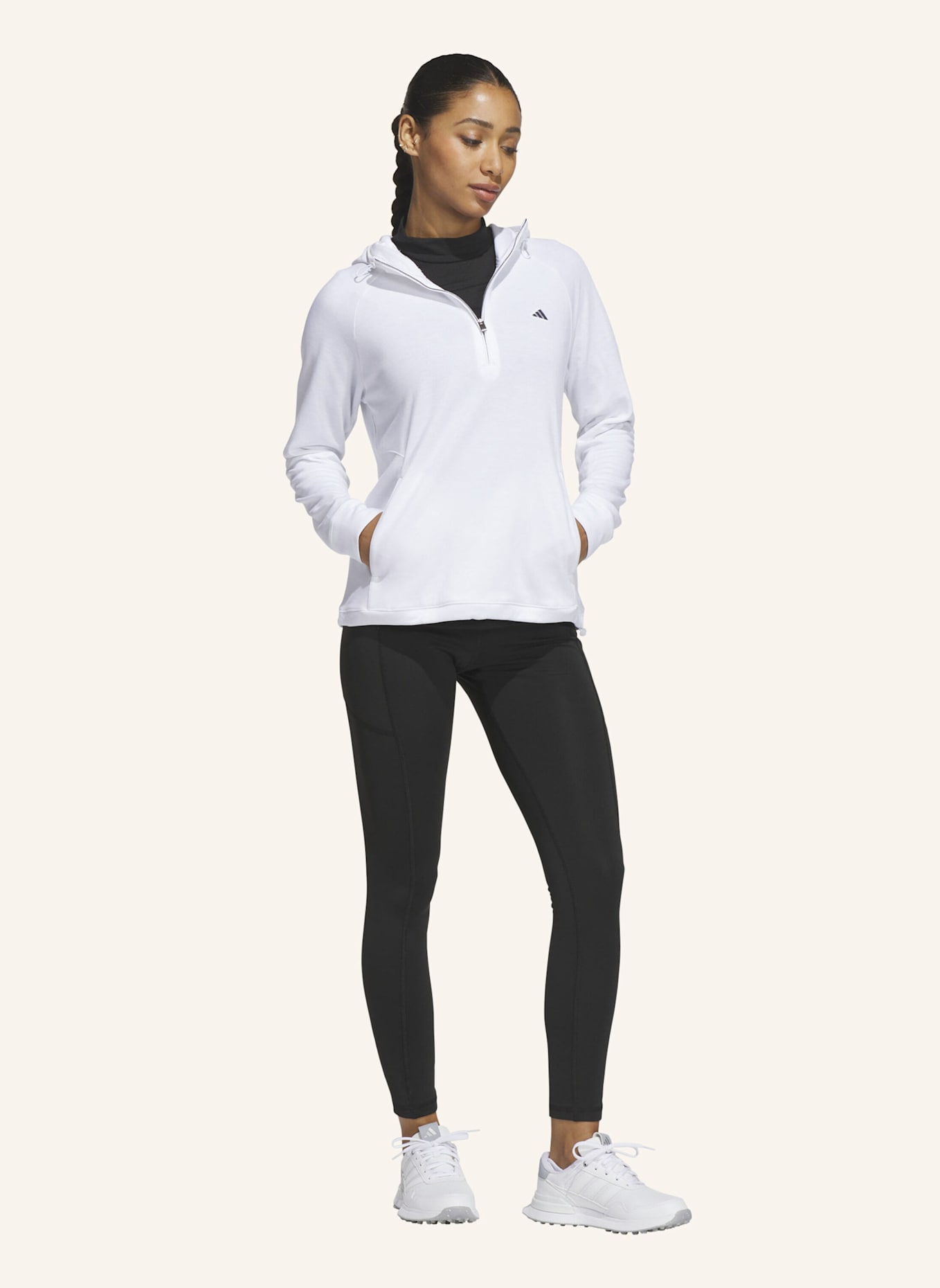 adidas ULTIMATE365+ COURSE CONTROL HYBRID QUARTER-ZIP KAPUZENJACKE: WEISS