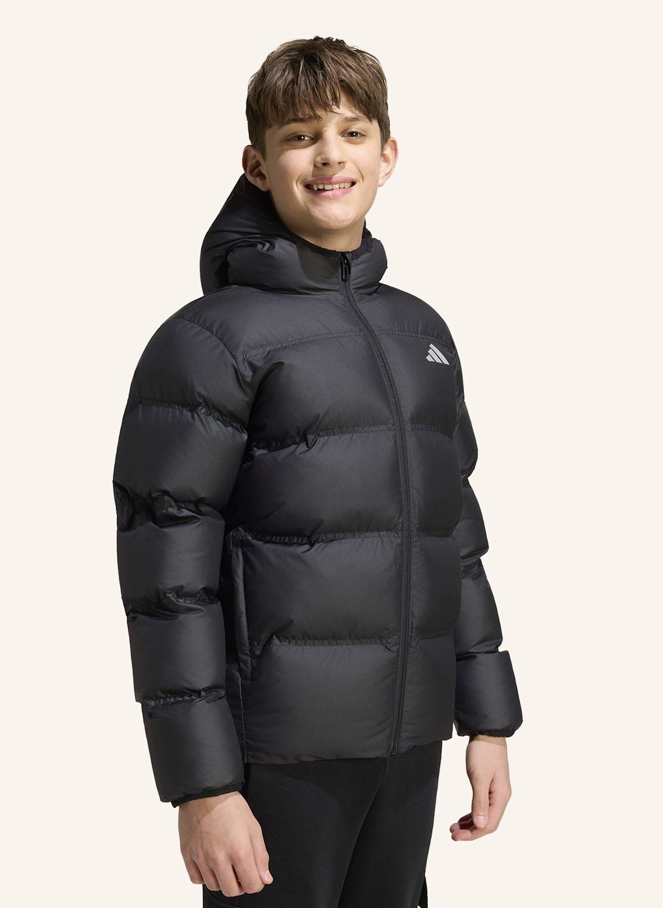 adidas JACKE, KUNSTDAUNEN: SCHWARZ/ SILBER