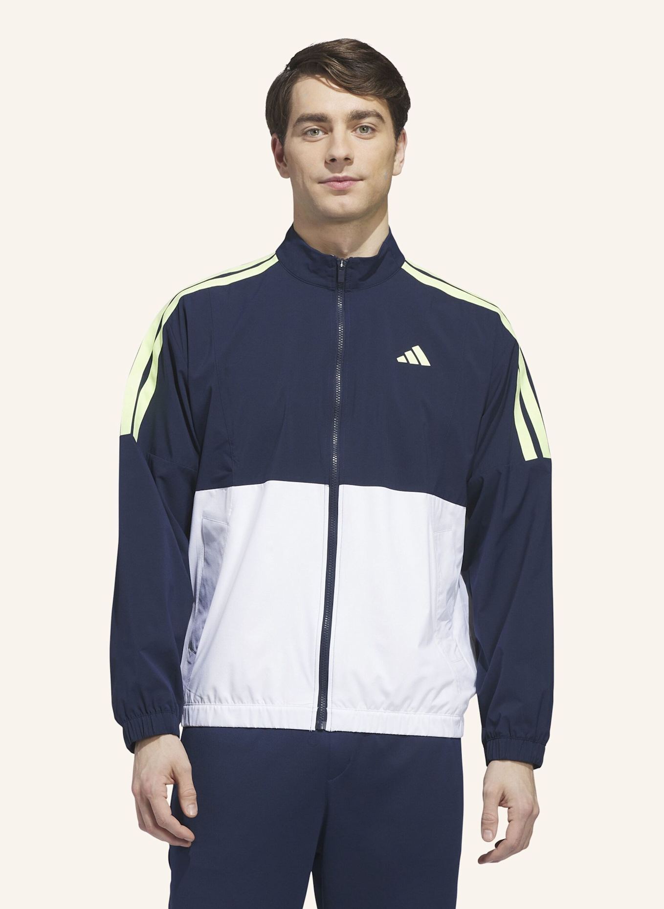 adidas BEYOND TWISTWEAVE FULL-ZIP WINDBREAKER: WEISS/ BLAU