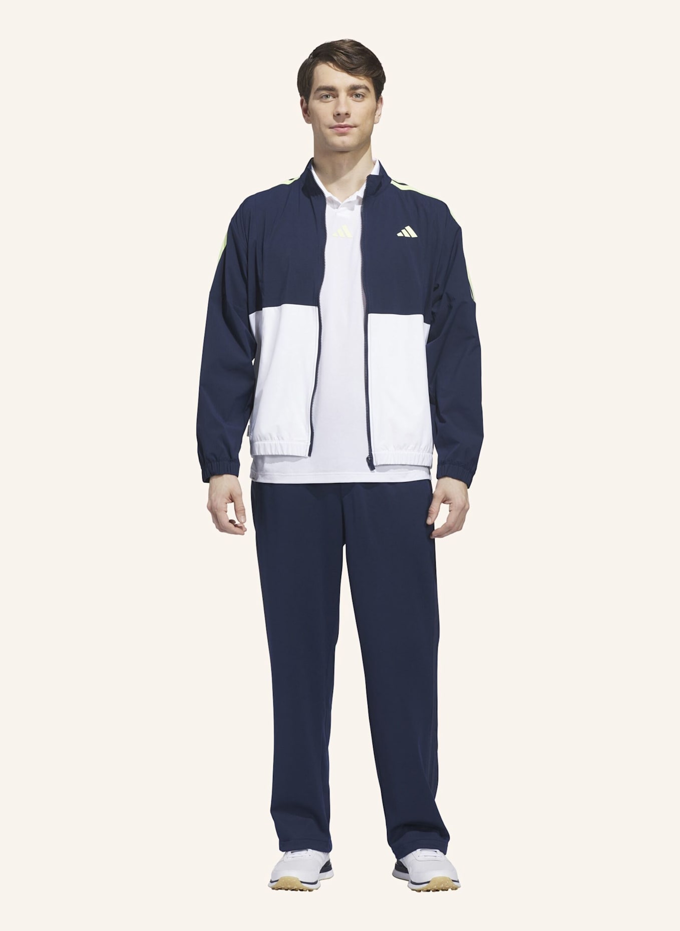 adidas BEYOND TWISTWEAVE FULL-ZIP WINDBREAKER: WEISS/ BLAU