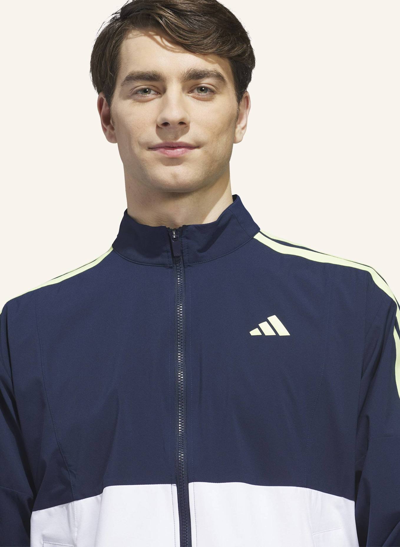 adidas BEYOND TWISTWEAVE FULL-ZIP WINDBREAKER: WEISS/ BLAU