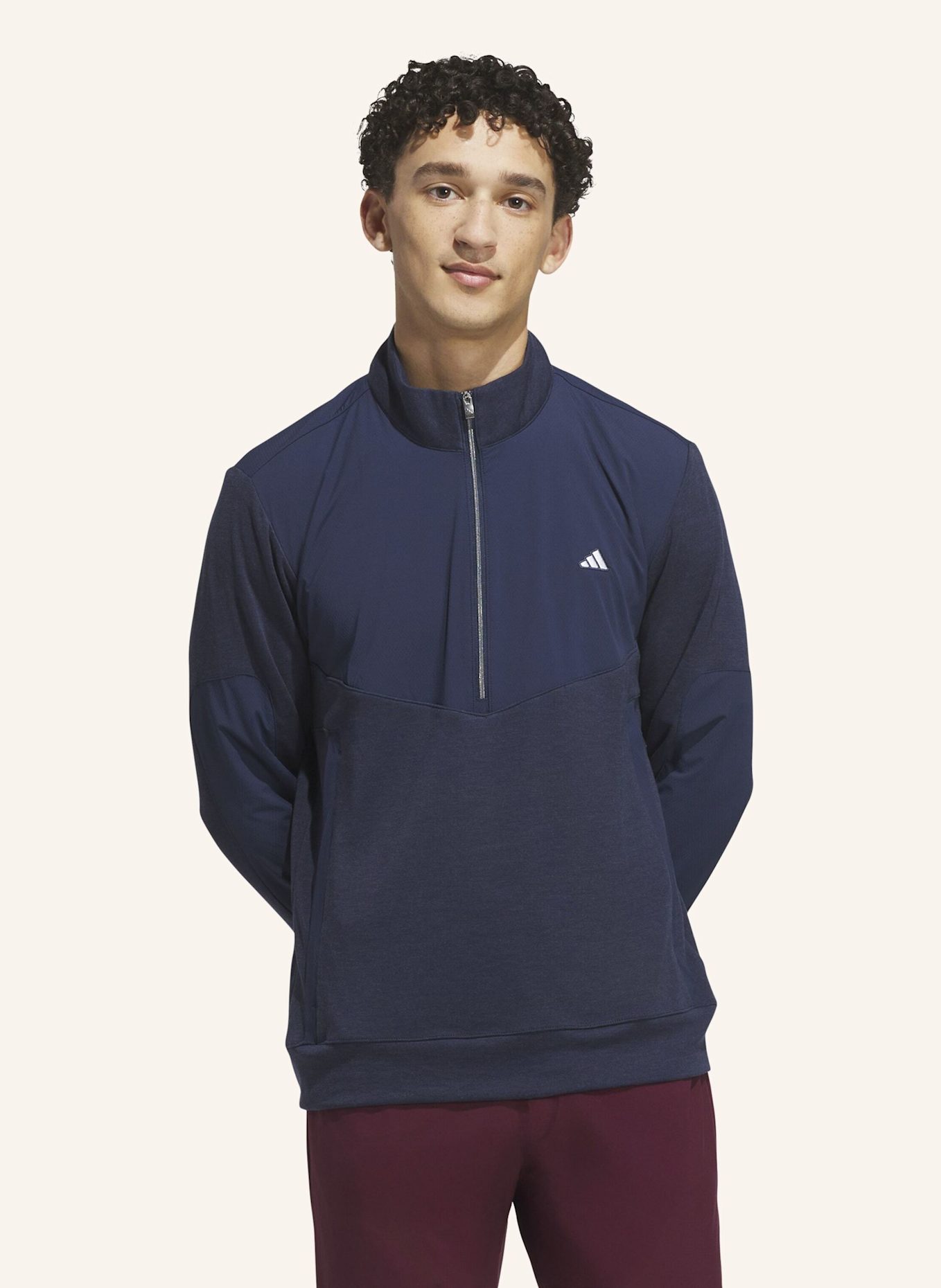 adidas ULTIMATE365+ COURSE CONTROL HYBRID QUARTER-ZIP SWEATSHIRT: BLAU