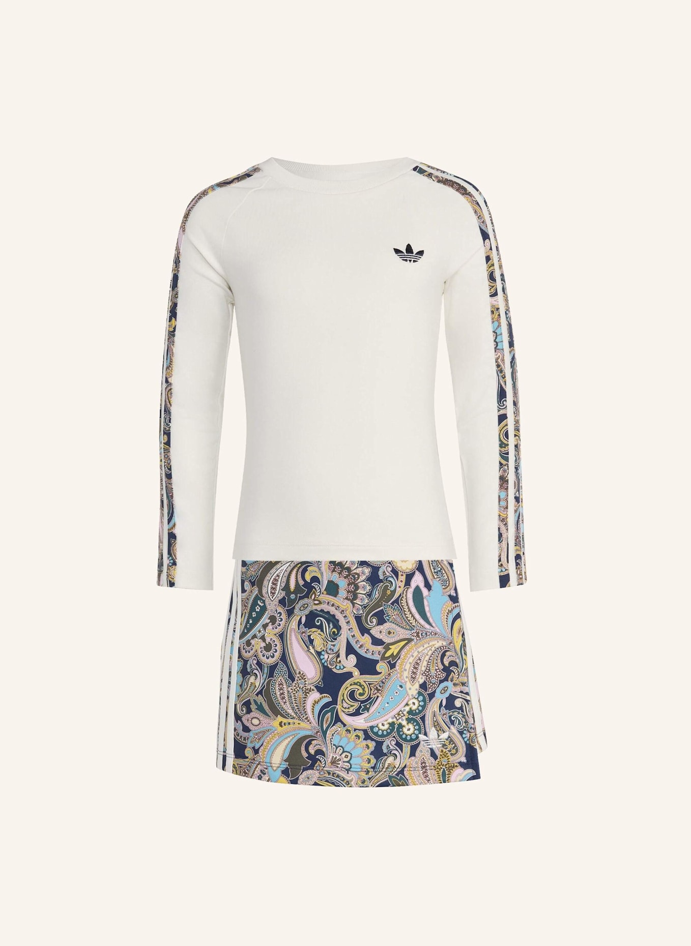 adidas Originals ADIDAS LIBERTY LONDON SET 3-STREIFEN TOP, LANGÄRMLIG, FIGURBETONT / SKORT, WICKELOPTIK: WEISS/ GRAU/ BLAU