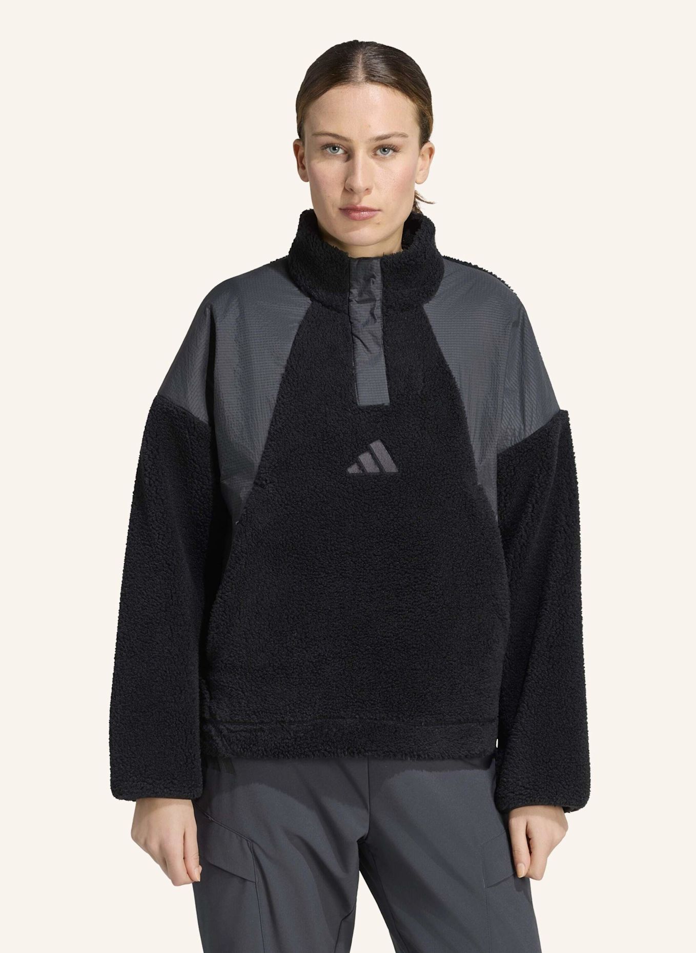 adidas TERREX TERREX XPLORIC CLIMAWARM PULLOVER, FLAUSCHIGES MATERIAL, DRUCKKNOPFKRAGEN: SCHWARZ