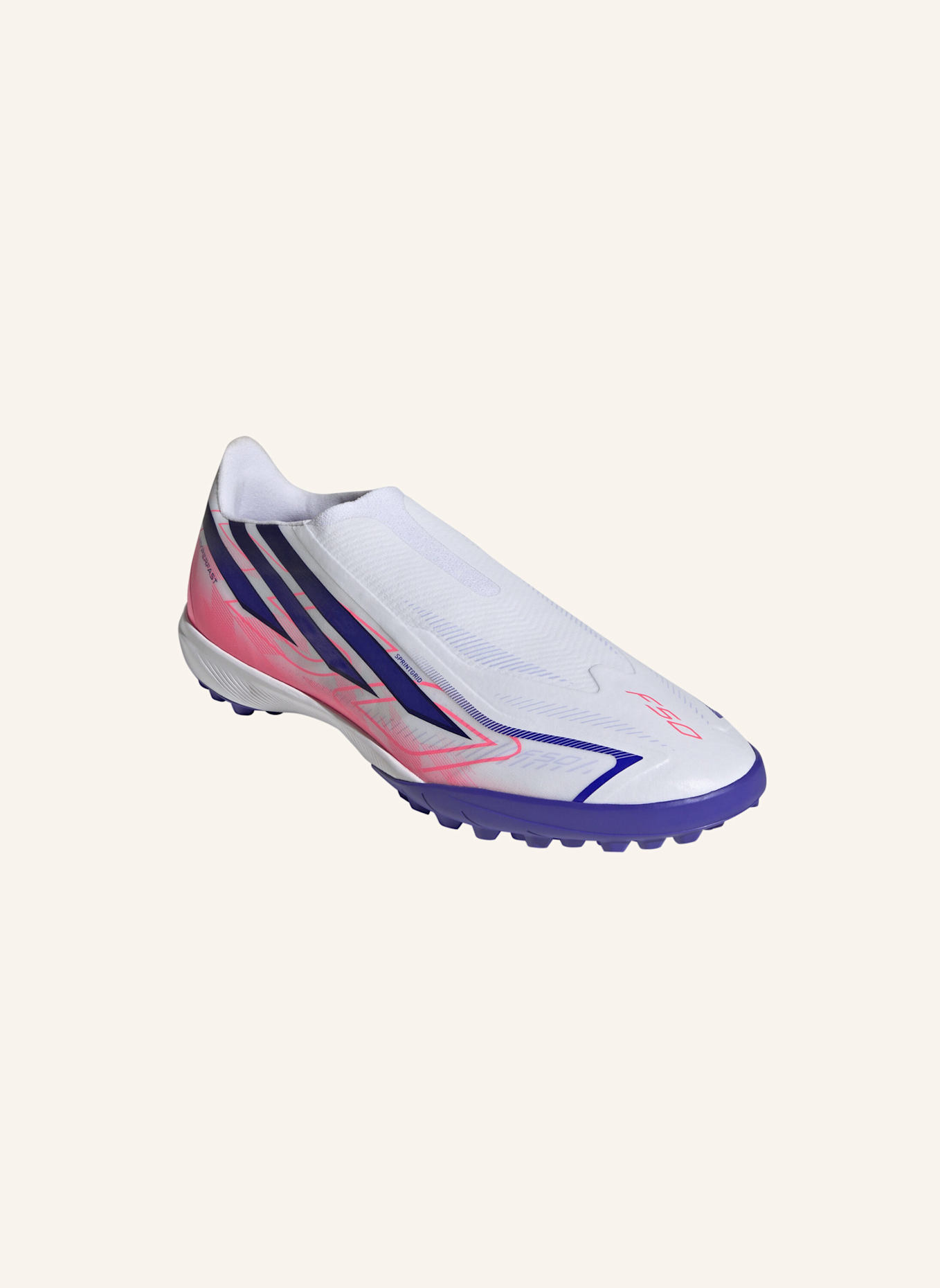 adidas F50 HYPERFAST LEAGUE LACELESS TURF FOOTBALL SHOES: WEISS/ DUNKELLILA/ NEONORANGE