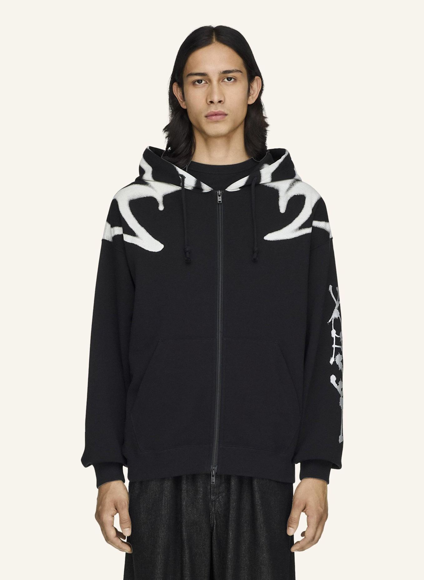 Y-3 Y-3 CHITO GRAFIK FRENCH TERRY KAPUZENJACKE, REISSVERSCHLUSS: SCHWARZ