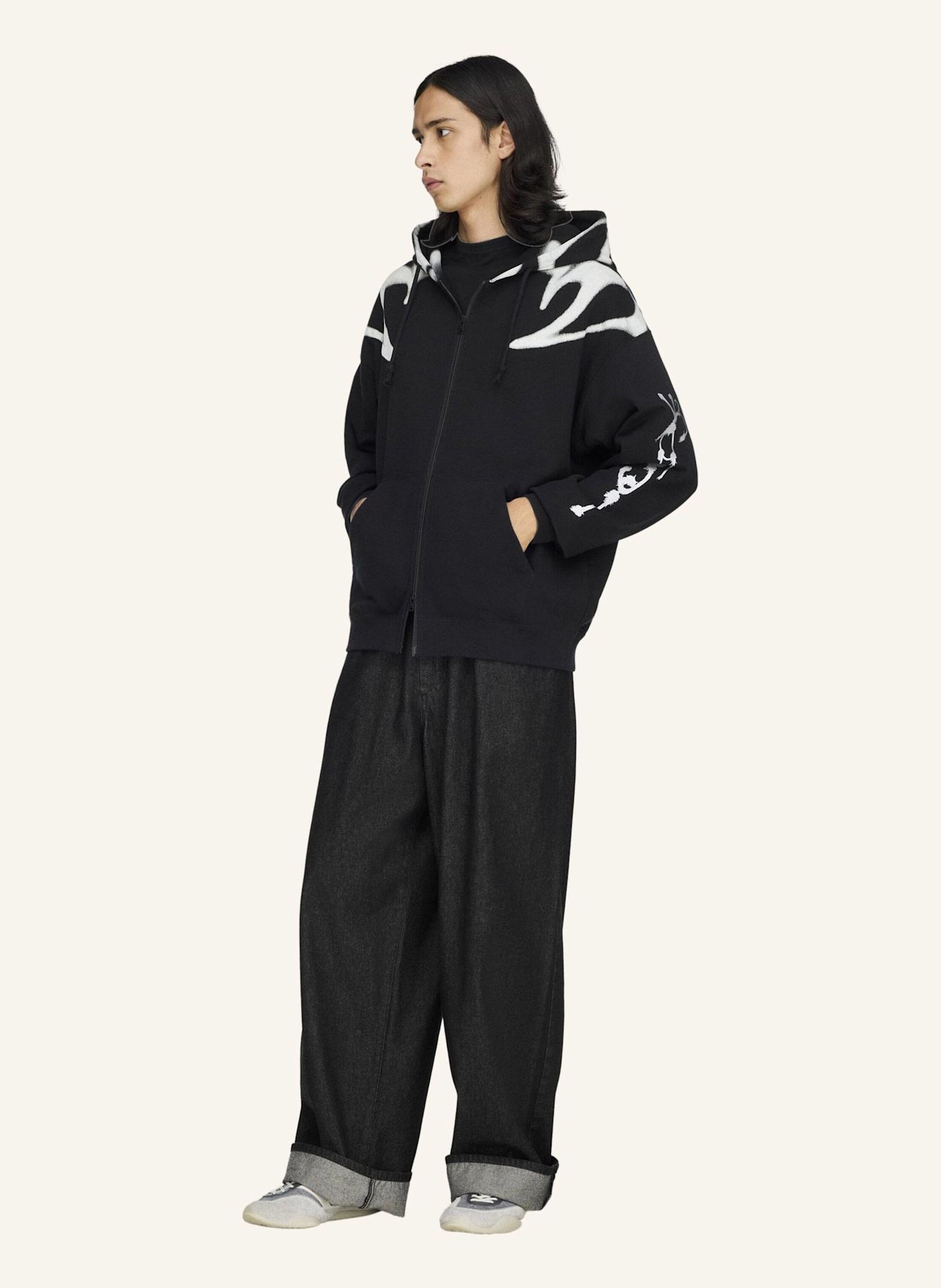 Y-3 Y-3 CHITO GRAFIK FRENCH TERRY KAPUZENJACKE, REISSVERSCHLUSS: SCHWARZ