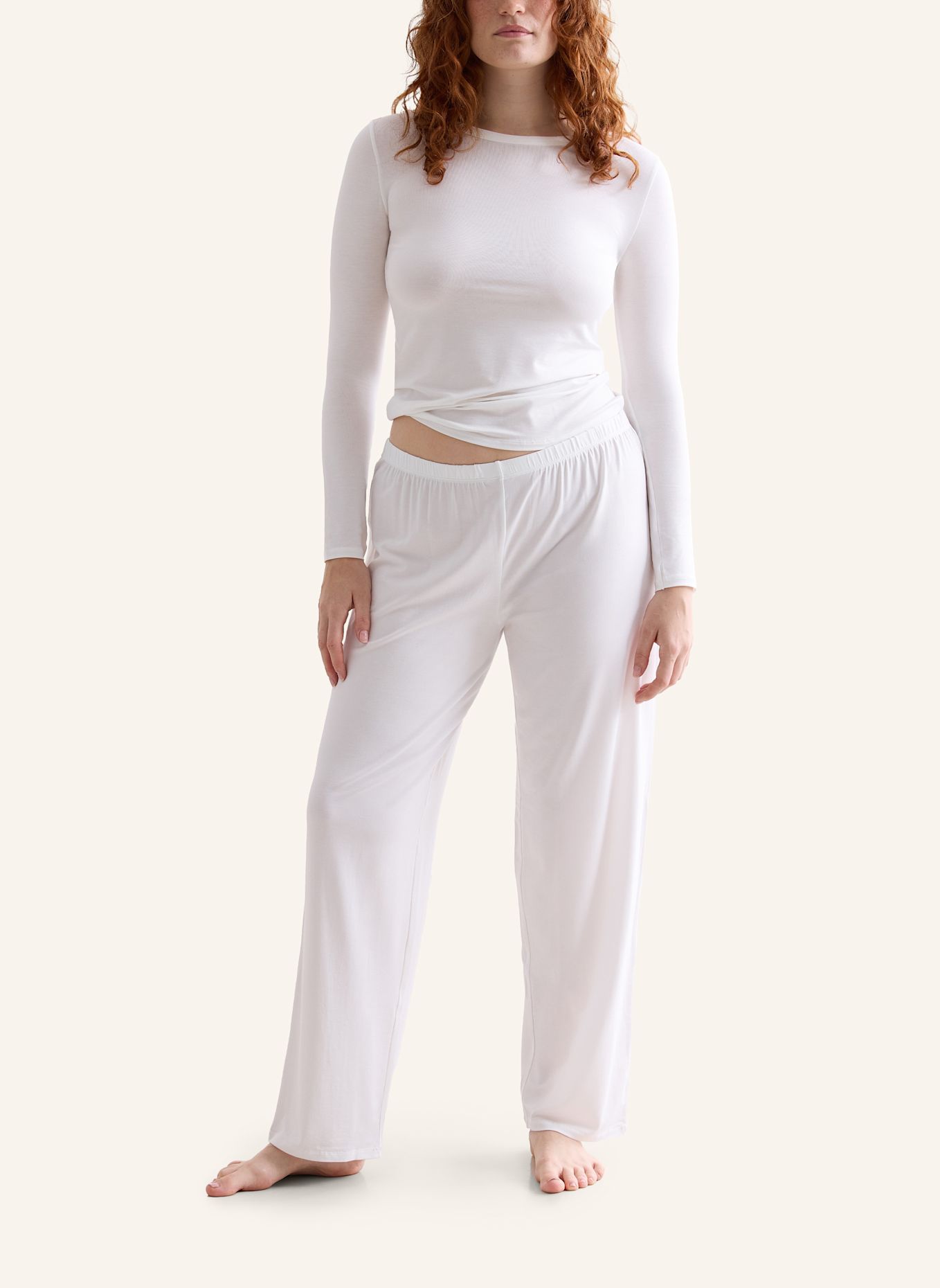 erlich textil Light Touch lange Schlafhose mit Lyocell - seidig weich: BEIGE / WEISS