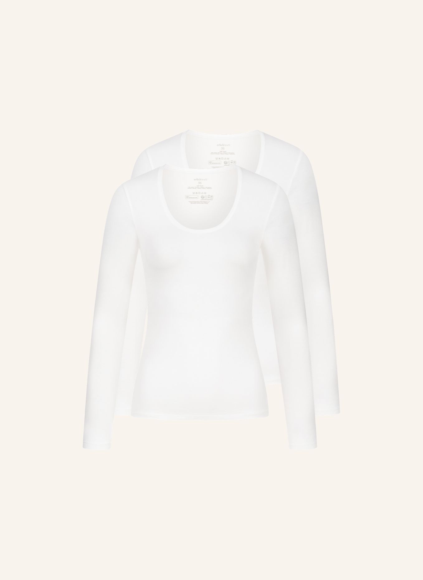 erlich textil 2er Pack Light Touch tiefausgeschnittenes Langarmshirt aus Lyocell - seidig weich: BEIGE / WEISS