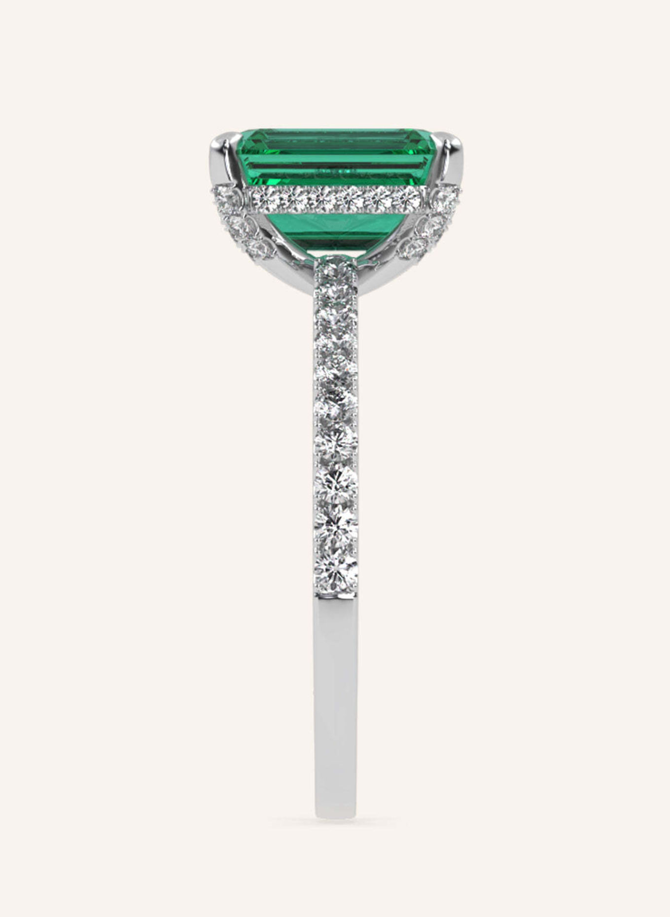 VEYNOU Ring DARCY met smaragd, vervaardigd uit 14 karaat witgoud en voorzien van een smaragd van 2 karaat en in het laboratorium gekweekte diamanten: WITGOUD