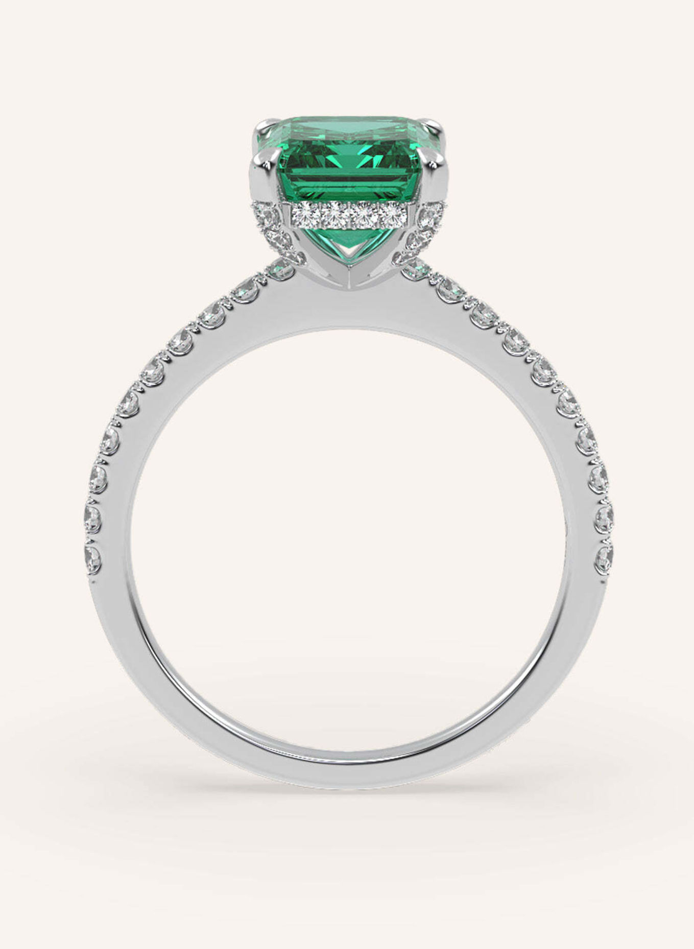 VEYNOU Ring DARCY met smaragd, vervaardigd uit 14 karaat witgoud en voorzien van een smaragd van 2 karaat en in het laboratorium gekweekte diamanten: WITGOUD