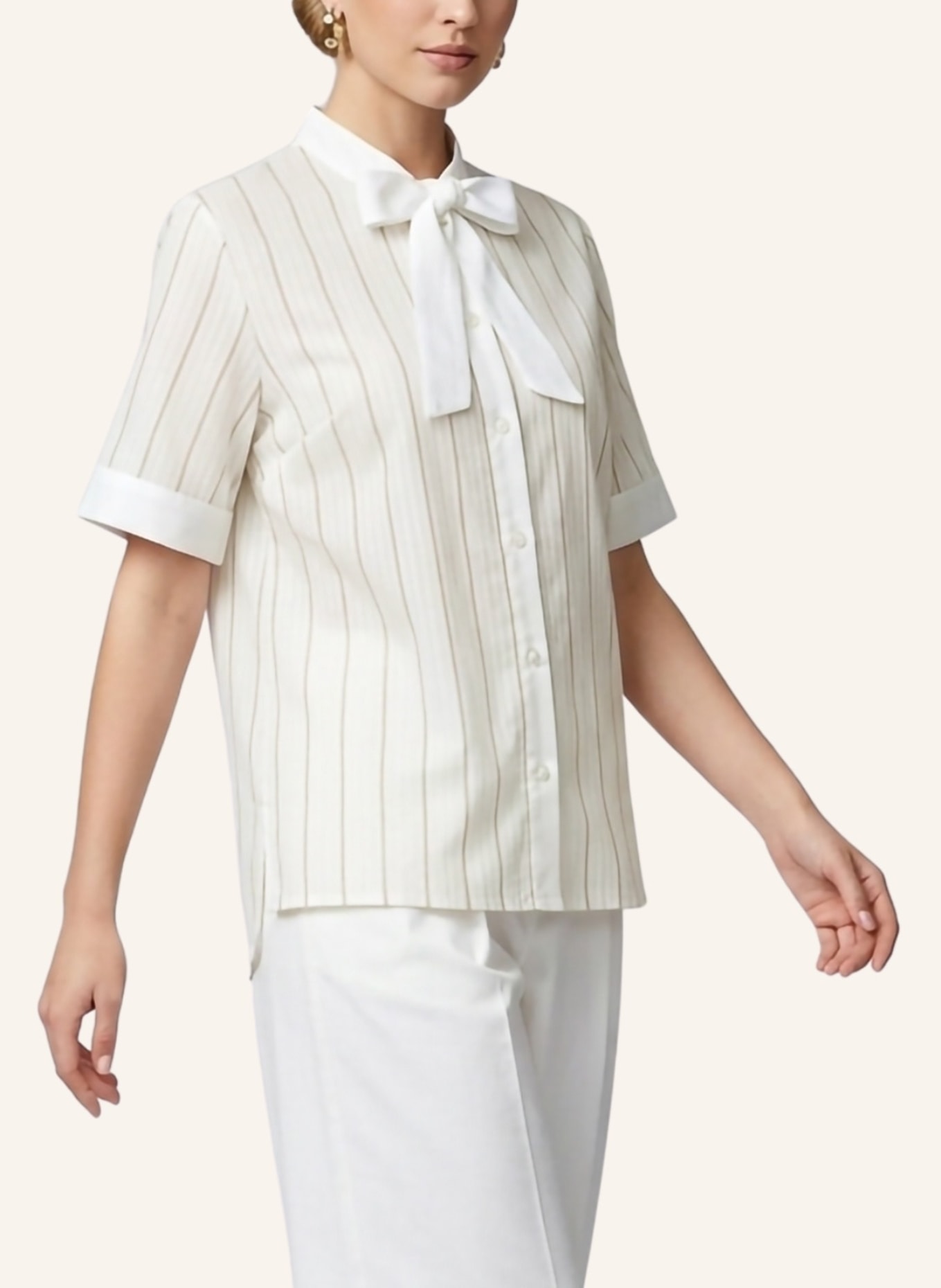 Helene Galwas Gestreifte Baumwollbluse mit Seidenschleifenkragen MONA: BEIGE