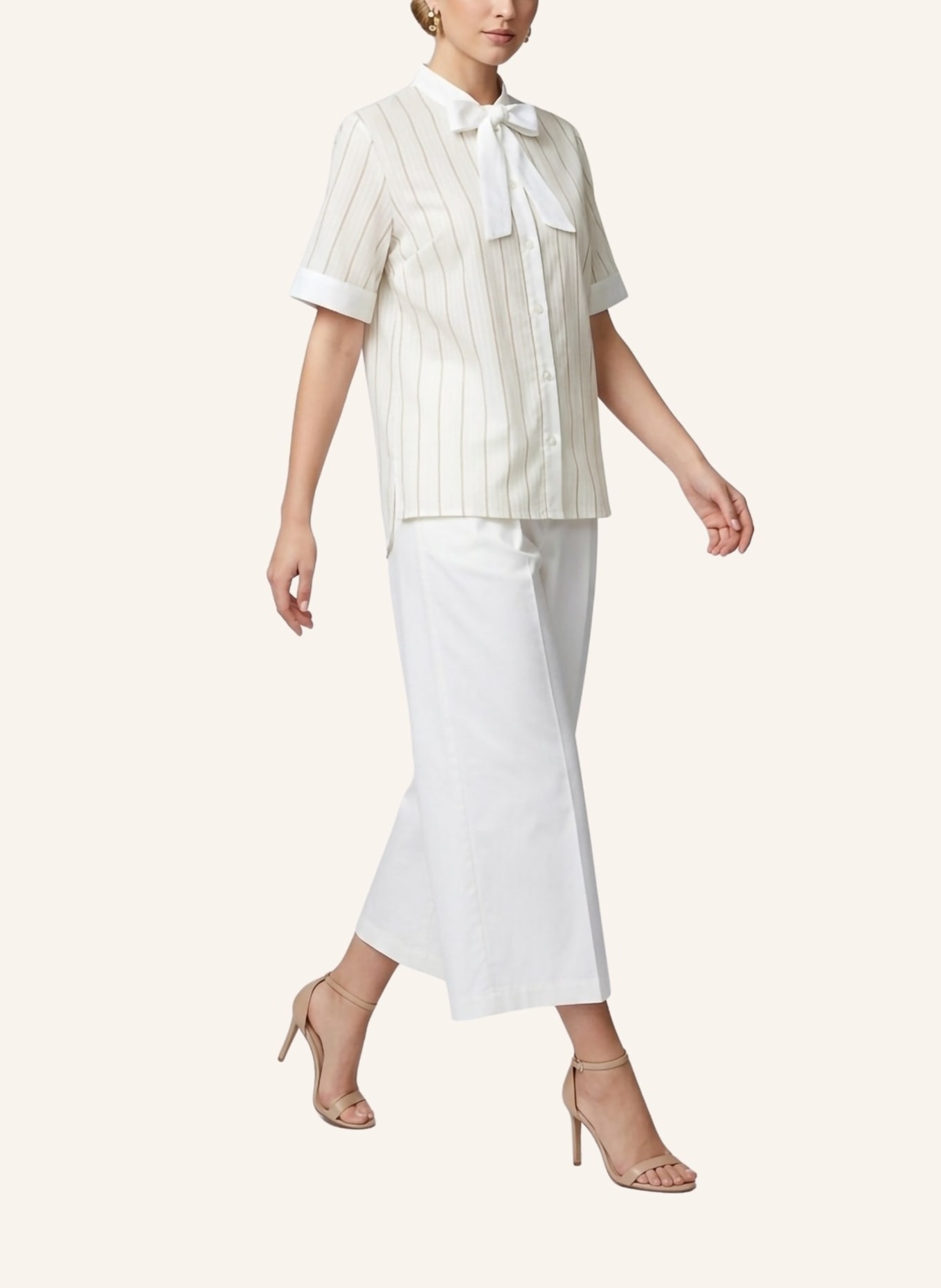 Helene Galwas Gestreifte Baumwollbluse mit Seidenschleifenkragen MONA: BEIGE