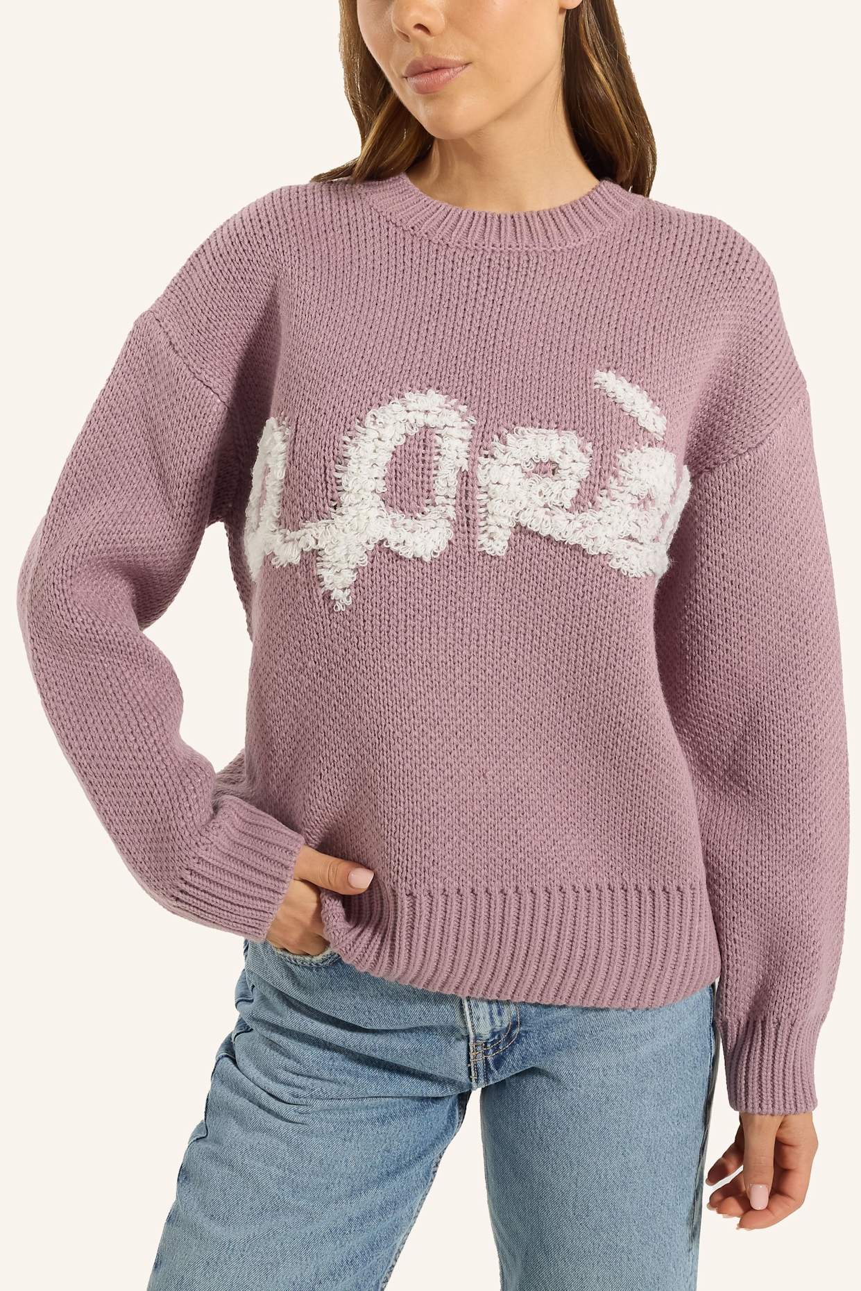 ADLYSH STRICKPULLOVER MIT APRÉS SCHRIFTZUG: LILA