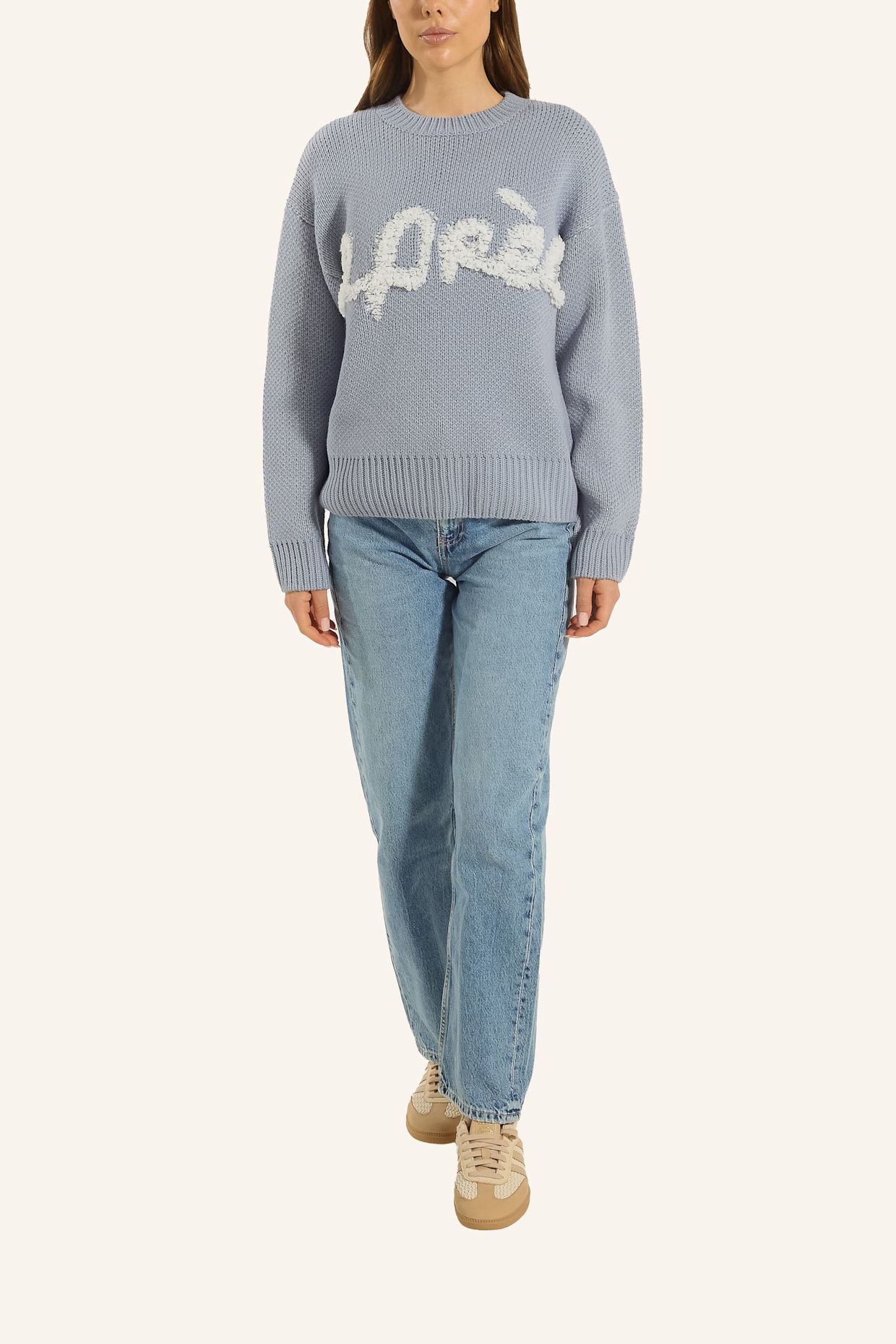 ADLYSH STRICKPULLOVER MIT APRÉS SCHRIFTZUG: BLAU